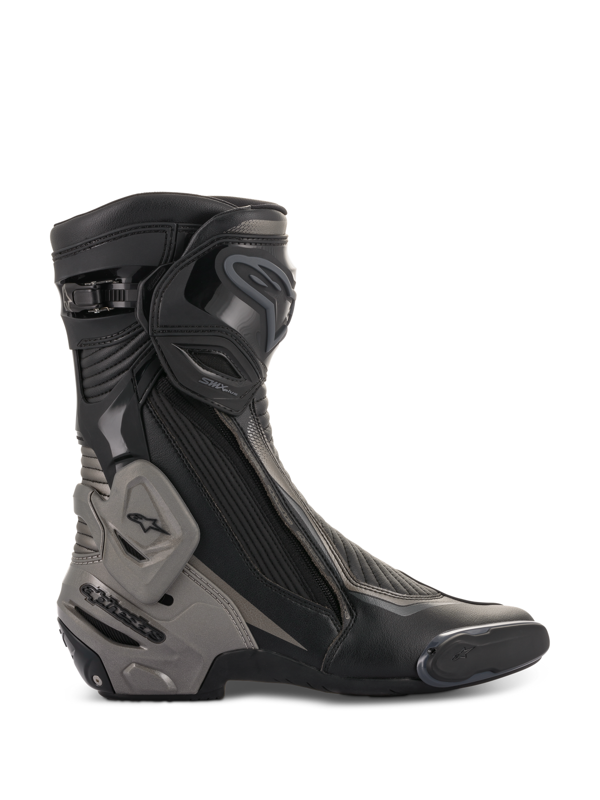 Stivali Alpinestars SMX Plus V2, stivali da moto racing, nero e grigio scuro, profilo laterale con avanzata placca parastinchi in TPU e protezione tallone, sistema Multi-Link Control, zone flessibili a soffietto, chiusura laterale con zip e costruzione aerodinamica in microfibra per guida ad alte prestazioni
