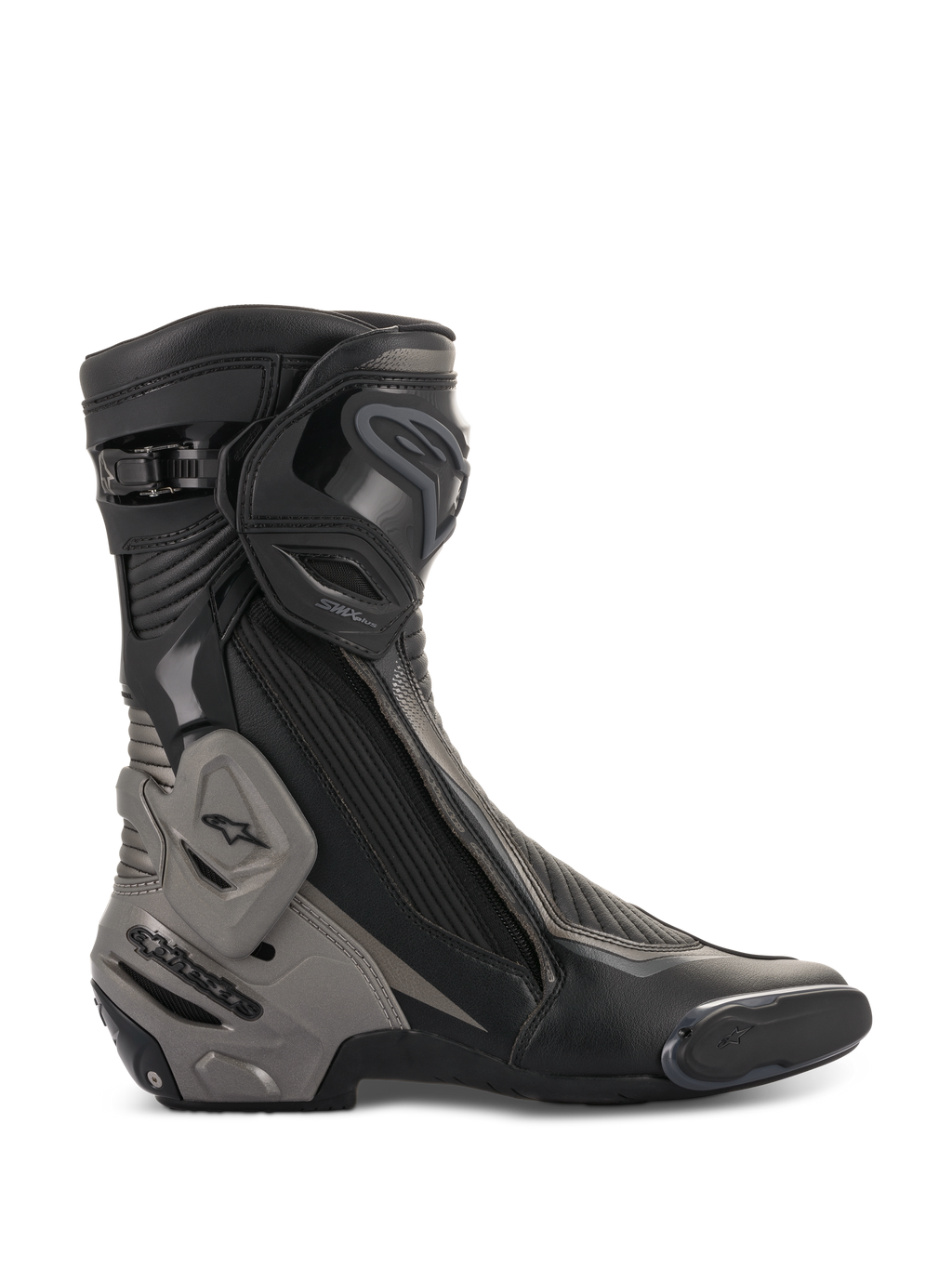 Stivali Alpinestars SMX Plus V2, stivali da moto racing, nero e grigio scuro, profilo laterale con avanzata placca parastinchi in TPU e protezione tallone, sistema Multi-Link Control, zone flessibili a soffietto, chiusura laterale con zip e costruzione aerodinamica in microfibra per guida ad alte prestazioni