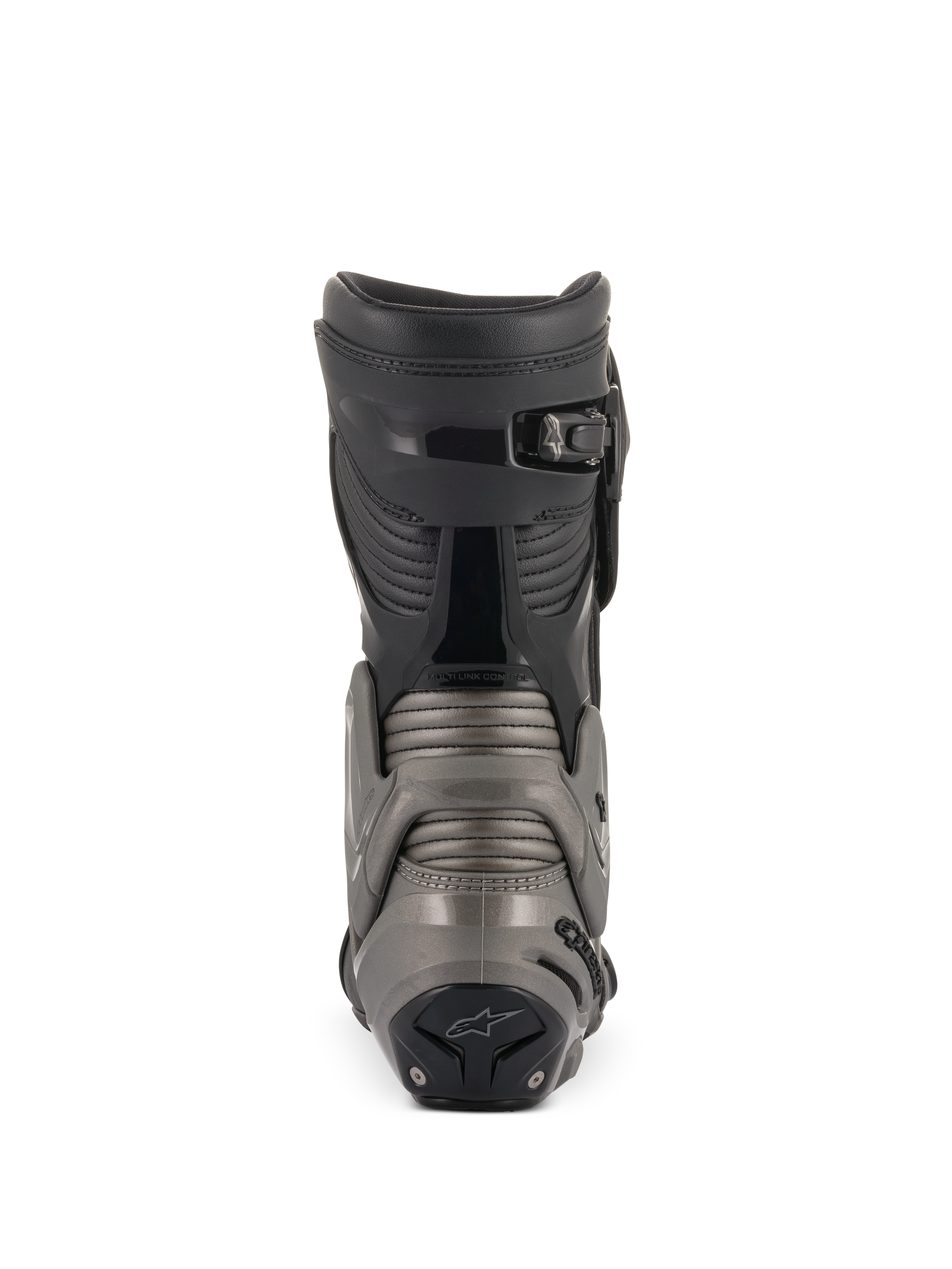 Stivali Alpinestars SMX Plus V2, nero e grigio scuro, vista posteriore che mostra il sistema Multi-Link Control, i pannelli a soffietto sul tendine d'Achille e la chiusura superiore a cricchetto micro-regolabile per una protezione moto avanzata.