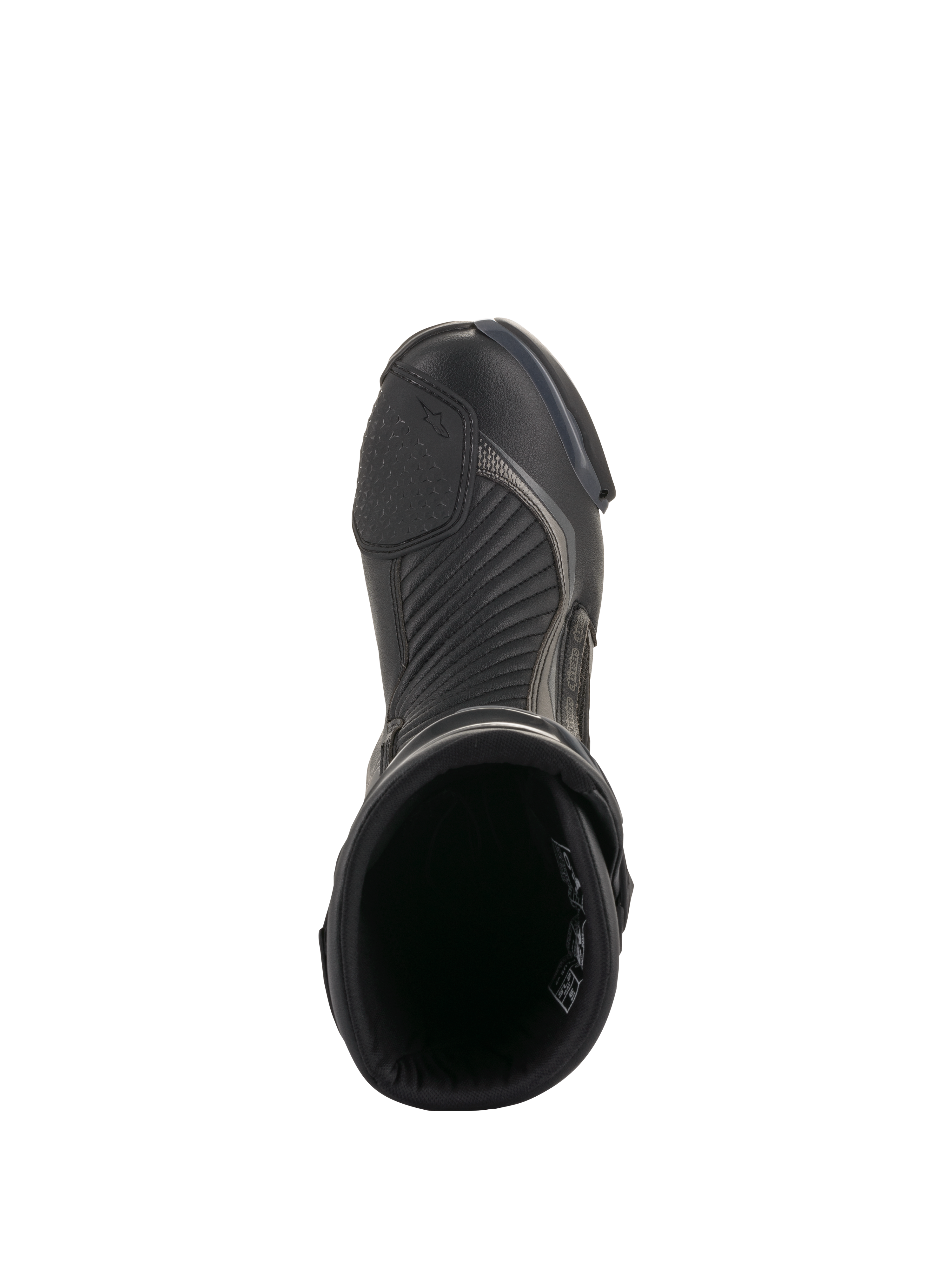 Stivali Alpinestars SMX Plus V2, nero e grigio scuro, vista dall'alto di un singolo stivale da moto, con protezione cambio testurizzata, zone di flessione a soffietto e design con apertura superiore, calzatura tecnica per guida su strada