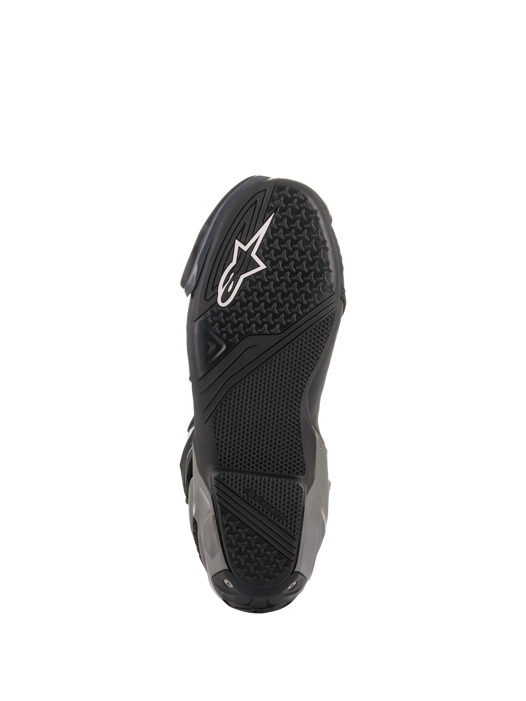 Stivali Alpinestars SMX Plus V2, stivali da moto racing/sportivi, nero e grigio scuro, vista inferiore della suola in gomma testurizzata con logo Astar bianco e zone di grip specifiche per l'aderenza sulle pedane.