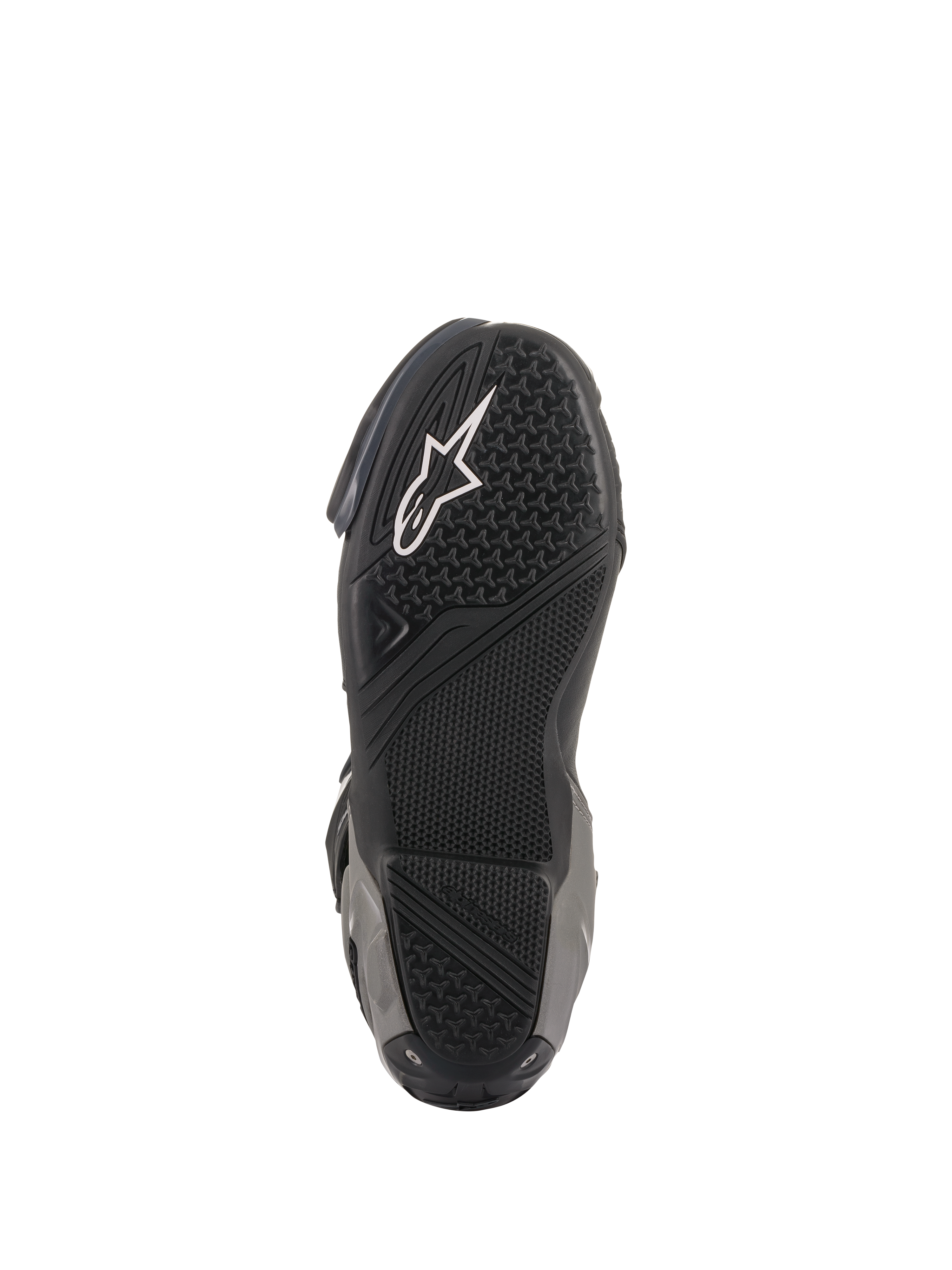 Stivali Alpinestars SMX Plus V2, stivali da moto racing/sportivi, nero e grigio scuro, vista inferiore della suola in gomma testurizzata con logo Astar bianco e zone di grip specifiche per l'aderenza sulle pedane.