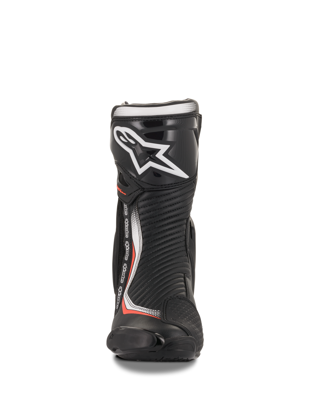 Alpinestars Stivali SMX Plus V2, stivali da moto racing neri e rossi fluorescenti, vista frontale con placca tibiale in TPU.