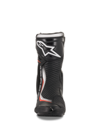 Alpinestars Stivali SMX Plus V2, stivali da moto racing neri e rossi fluorescenti, vista frontale con placca tibiale in TPU.