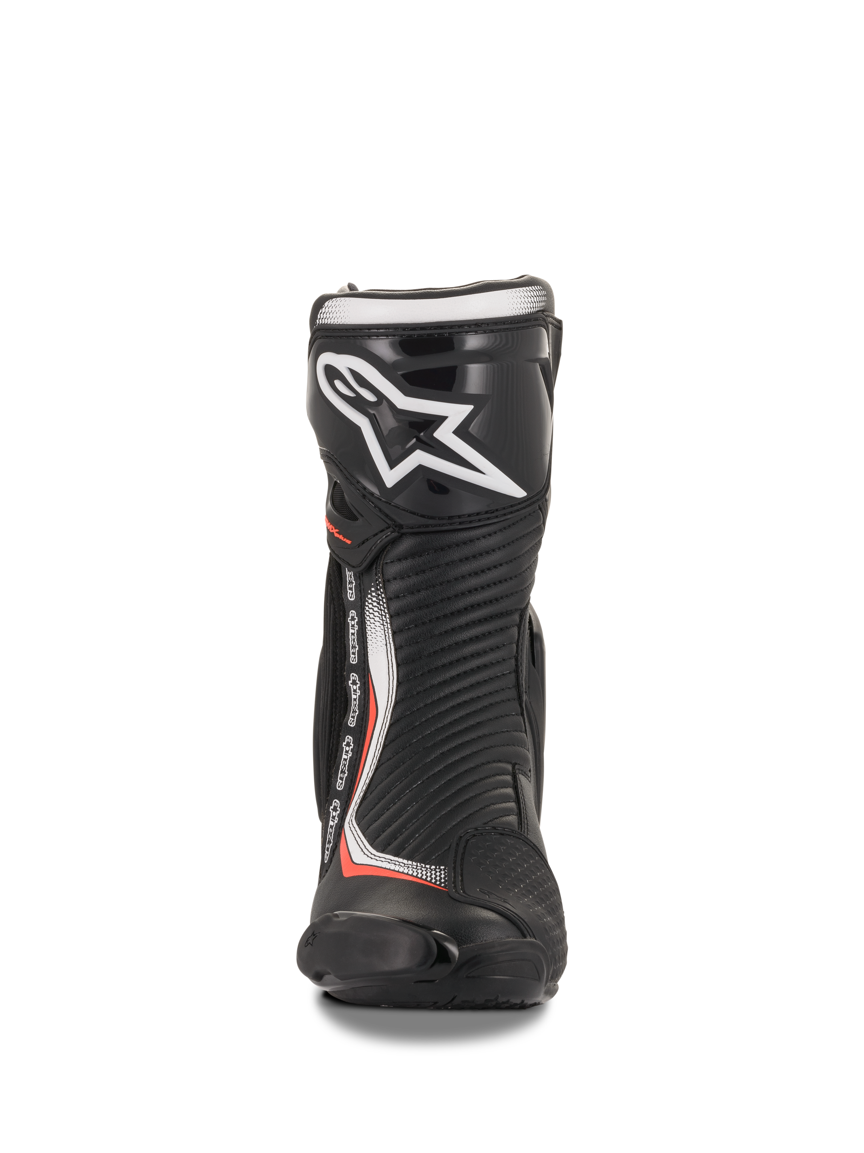 Alpinestars Stivali SMX Plus V2, stivali da moto racing neri e rossi fluorescenti, vista frontale con placca tibiale in TPU.