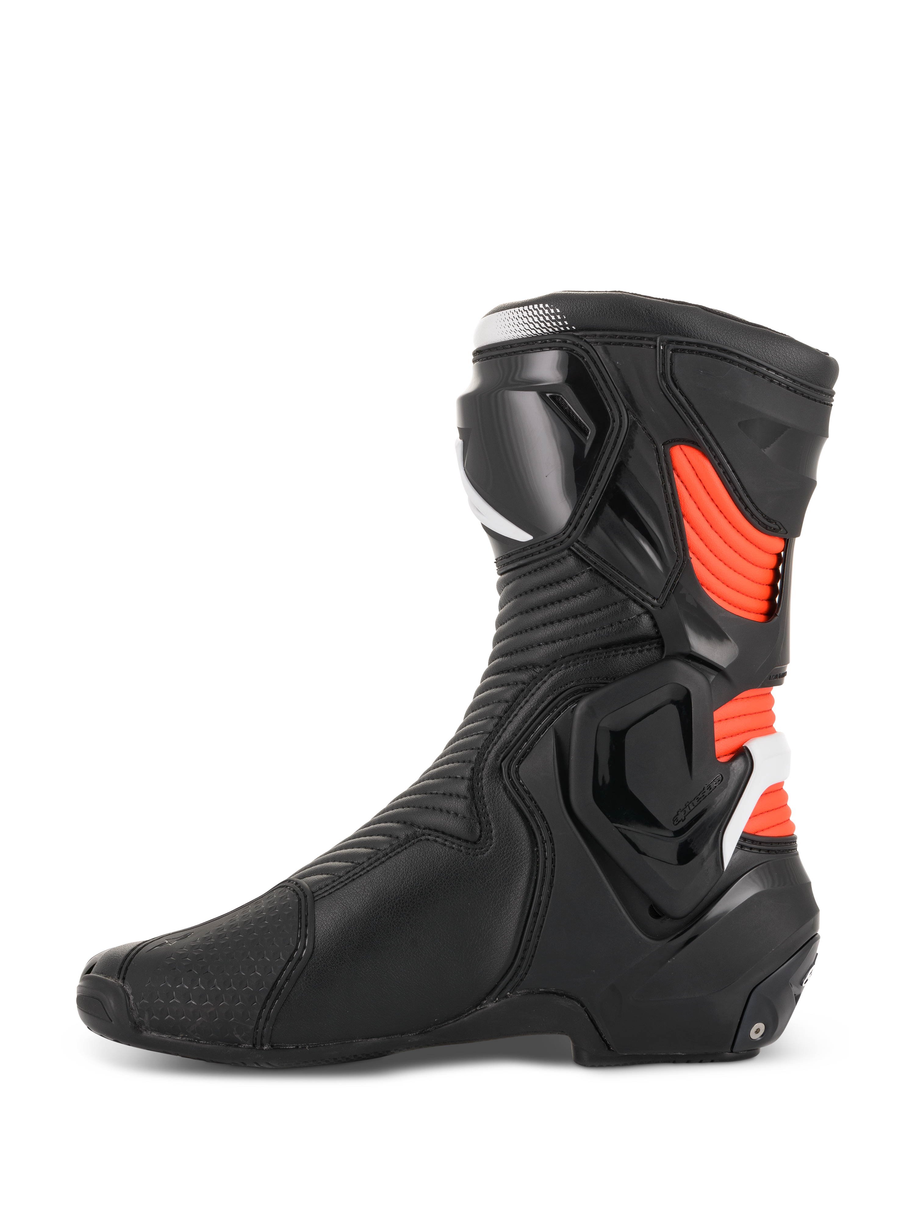 Alpinestars stivali SMX Plus V2, stivali da moto racing uomo, neri, bianchi e rossi fluorescenti, con protezioni in TPU.
