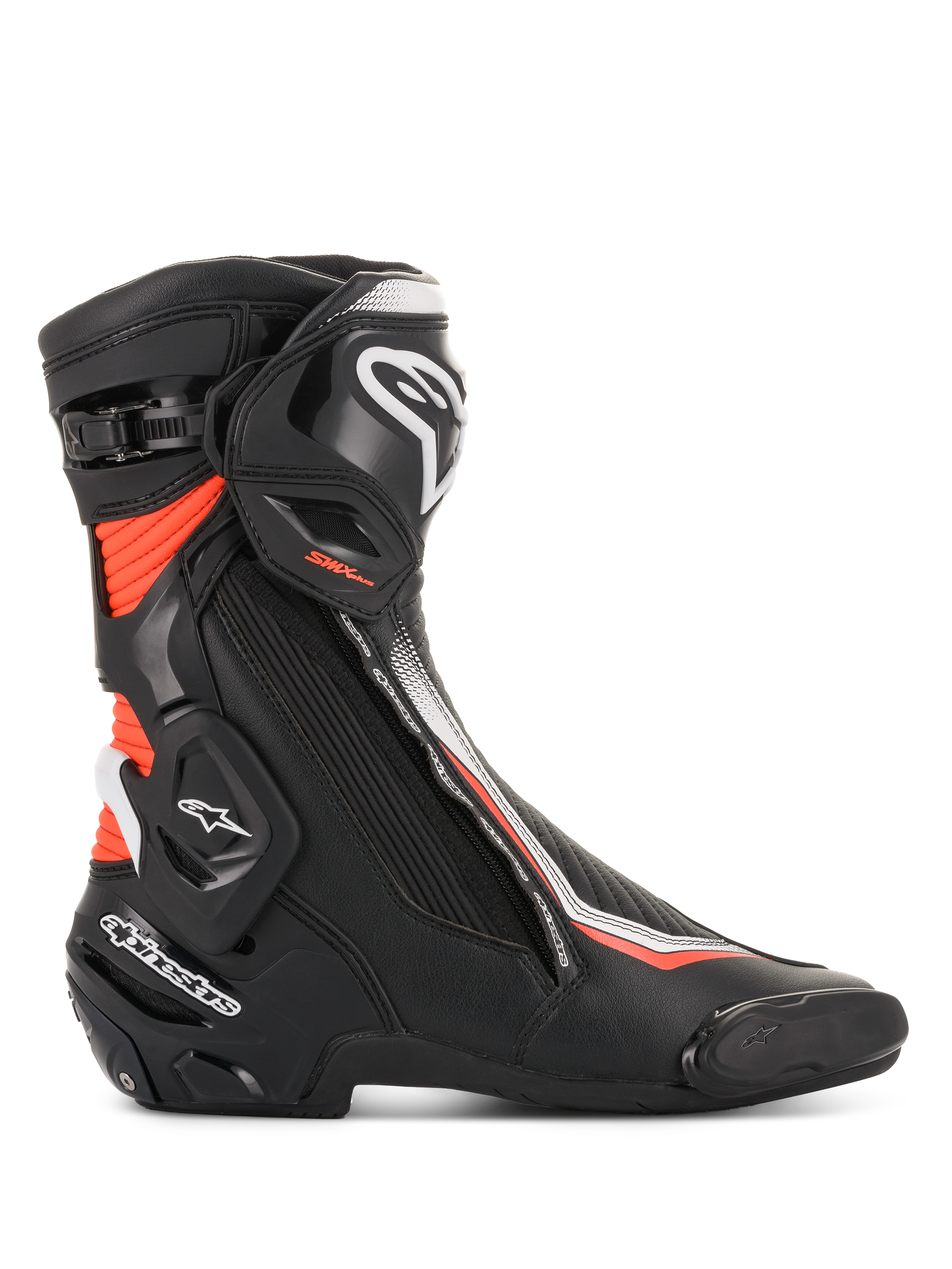 Alpinestars stivali SMX Plus V2, stivali da moto racing da uomo, neri, bianchi e rosso fluorescente, con sistema Multi-Link Control e costruzione in microfibra, certificati CE