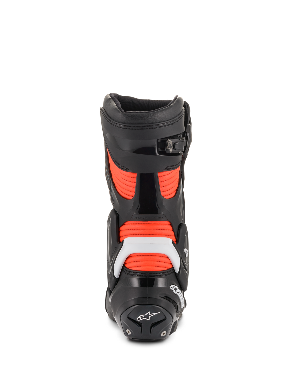 Alpinestars Stivali SMX Plus V2, stivali da moto racing da uomo, neri e rossi fluo, vista posteriore con protezione tallone in TPU bianco e zone di flessione a soffietto