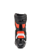 Alpinestars Stivali SMX Plus V2, stivali da moto racing da uomo, neri e rossi fluo, vista posteriore con protezione tallone in TPU bianco e zone di flessione a soffietto