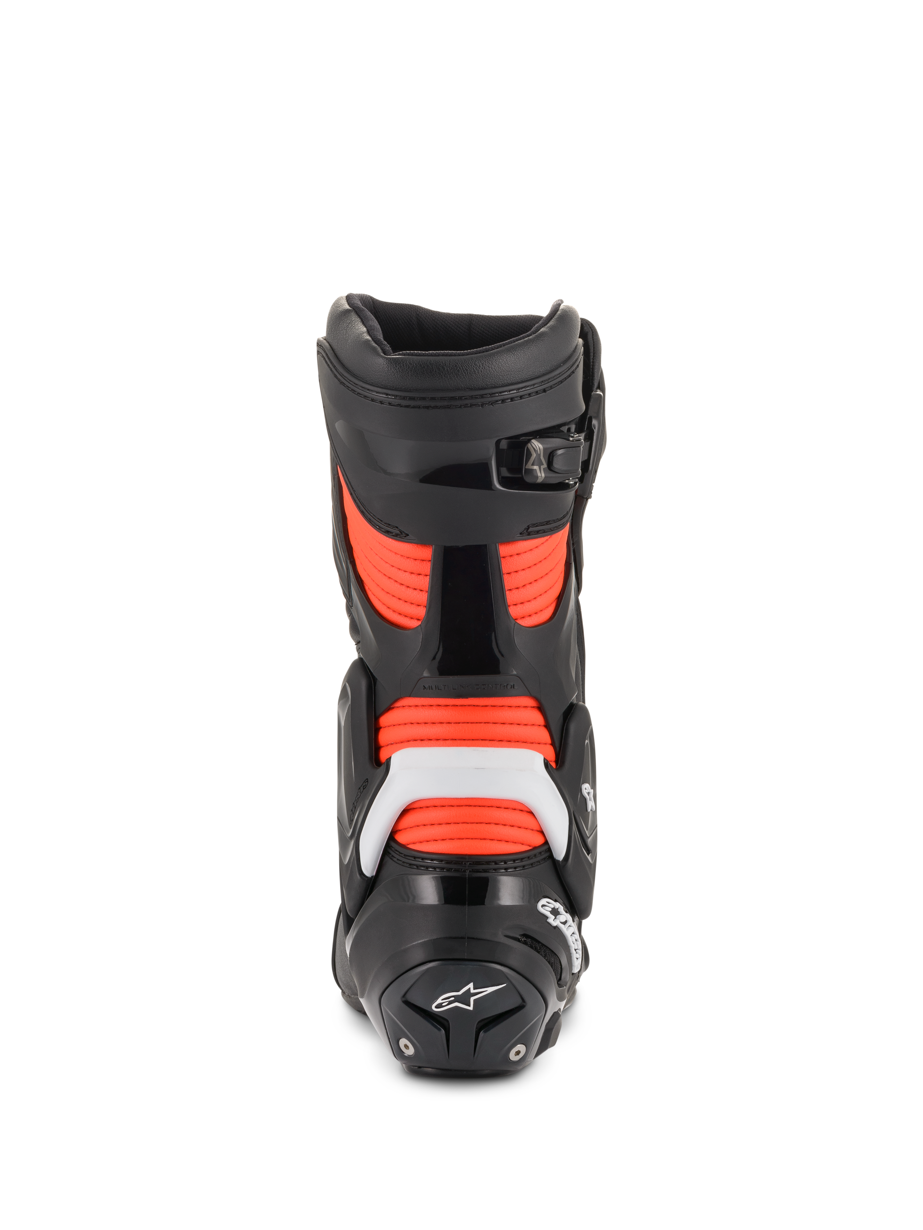 Alpinestars Stivali SMX Plus V2, stivali da moto racing da uomo, neri e rossi fluo, vista posteriore con protezione tallone in TPU bianco e zone di flessione a soffietto