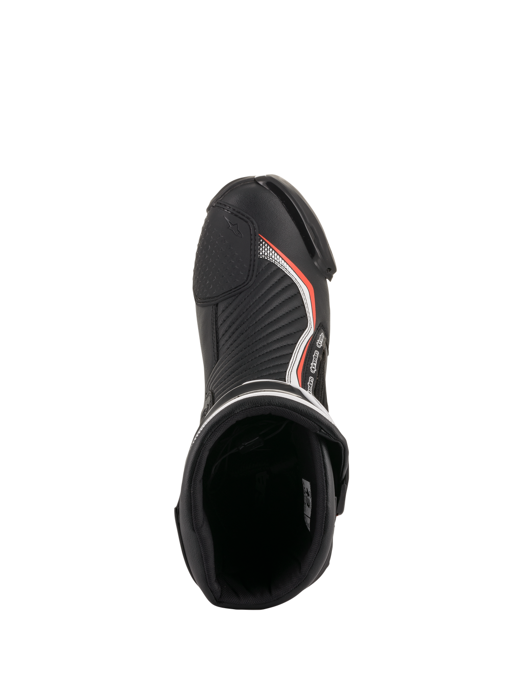 Alpinestars stivali SMX Plus V2, stivali moto racing nero e rosso fluo, vista dall'alto dell'interno imbottito e zona punta.