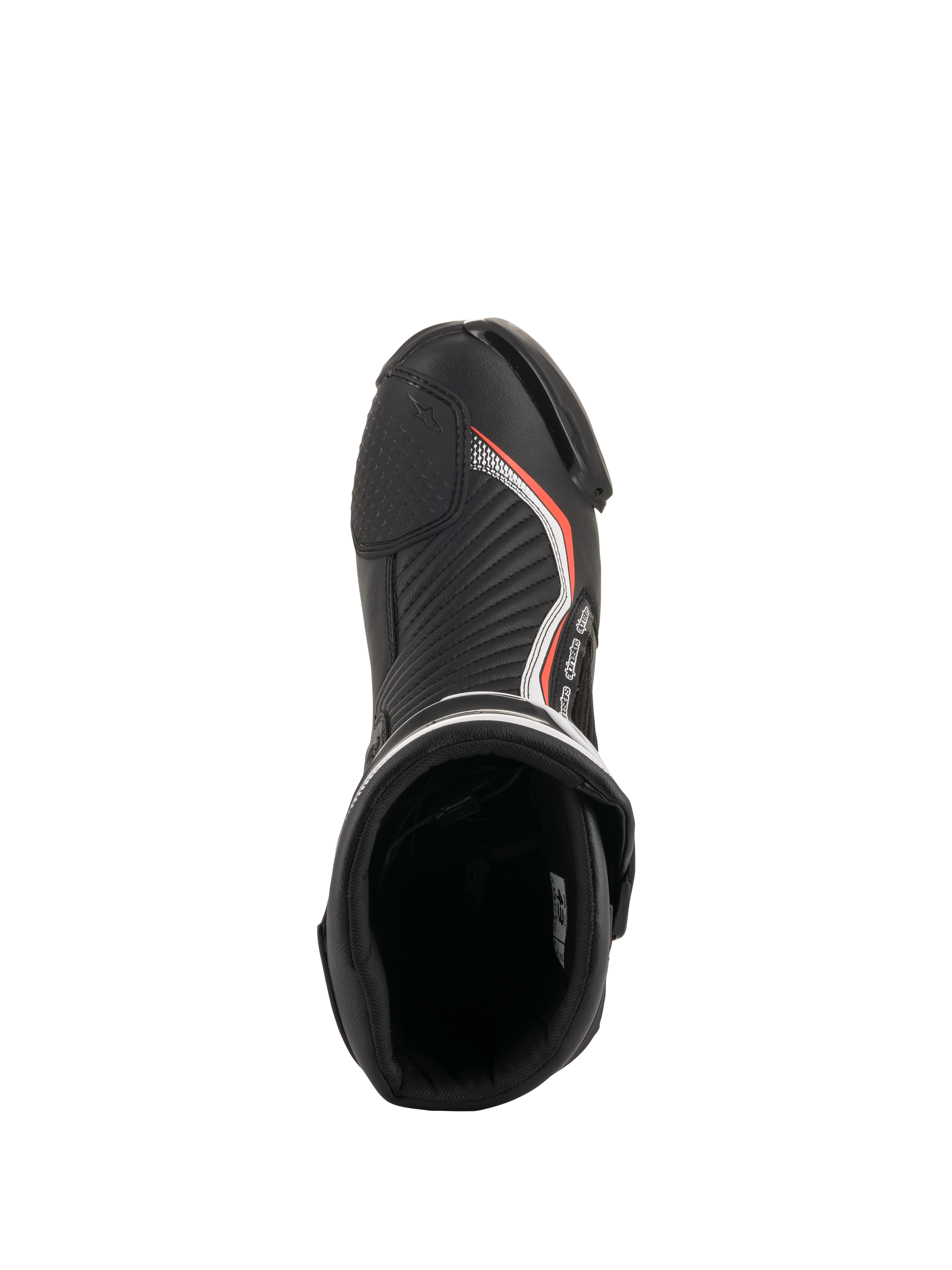 Alpinestars stivali SMX Plus V2, stivali moto racing nero e rosso fluo, vista dall'alto dell'interno imbottito e zona punta.