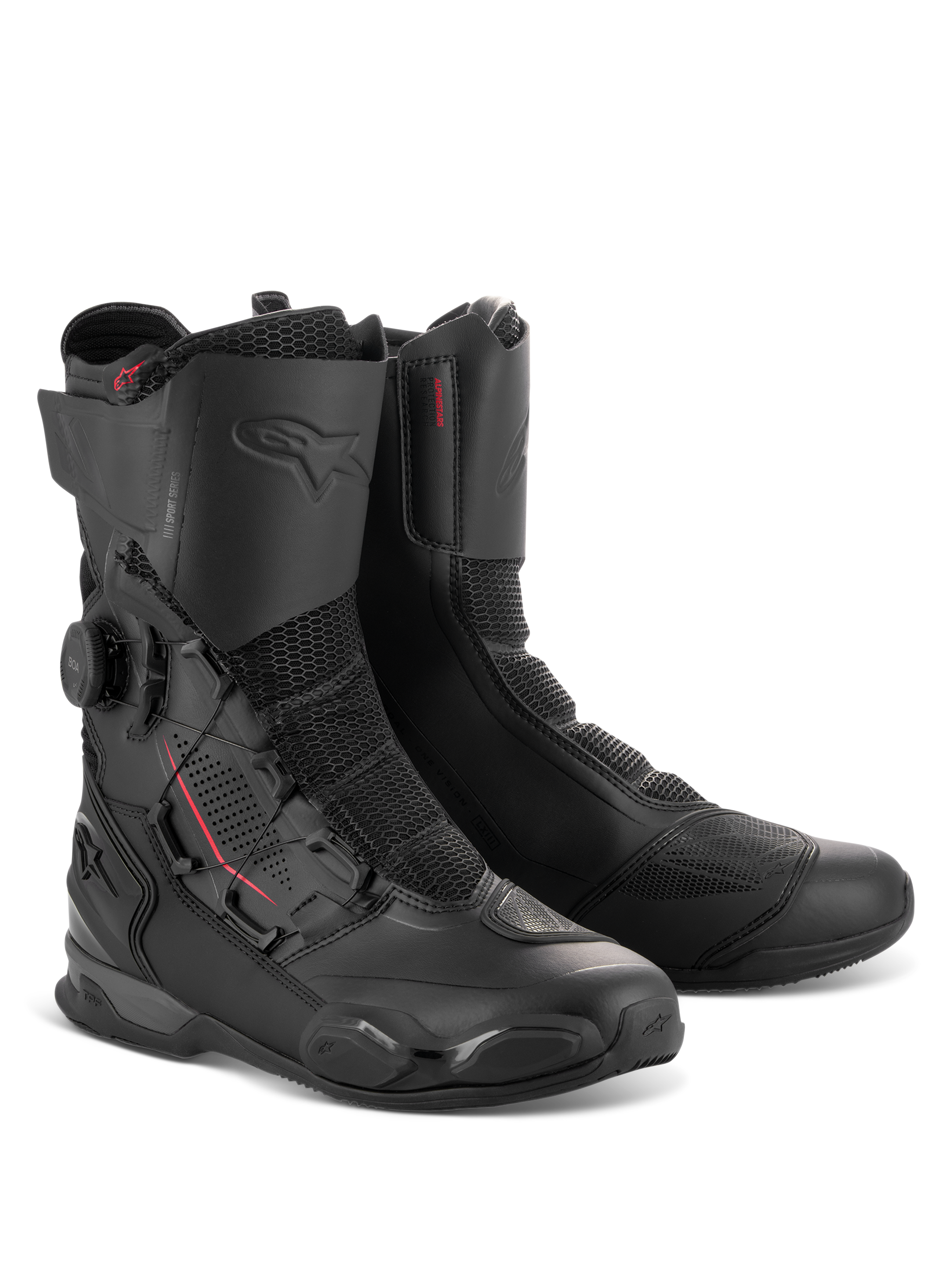 Alpinestars SP-X BOA® Boots, stivali sportivi da moto a media altezza in nero, con sistema di chiusura BOA® Fit System laterale, pannelli in mesh Rideknit e rinforzi protettivi in TPU per la guida su strada.