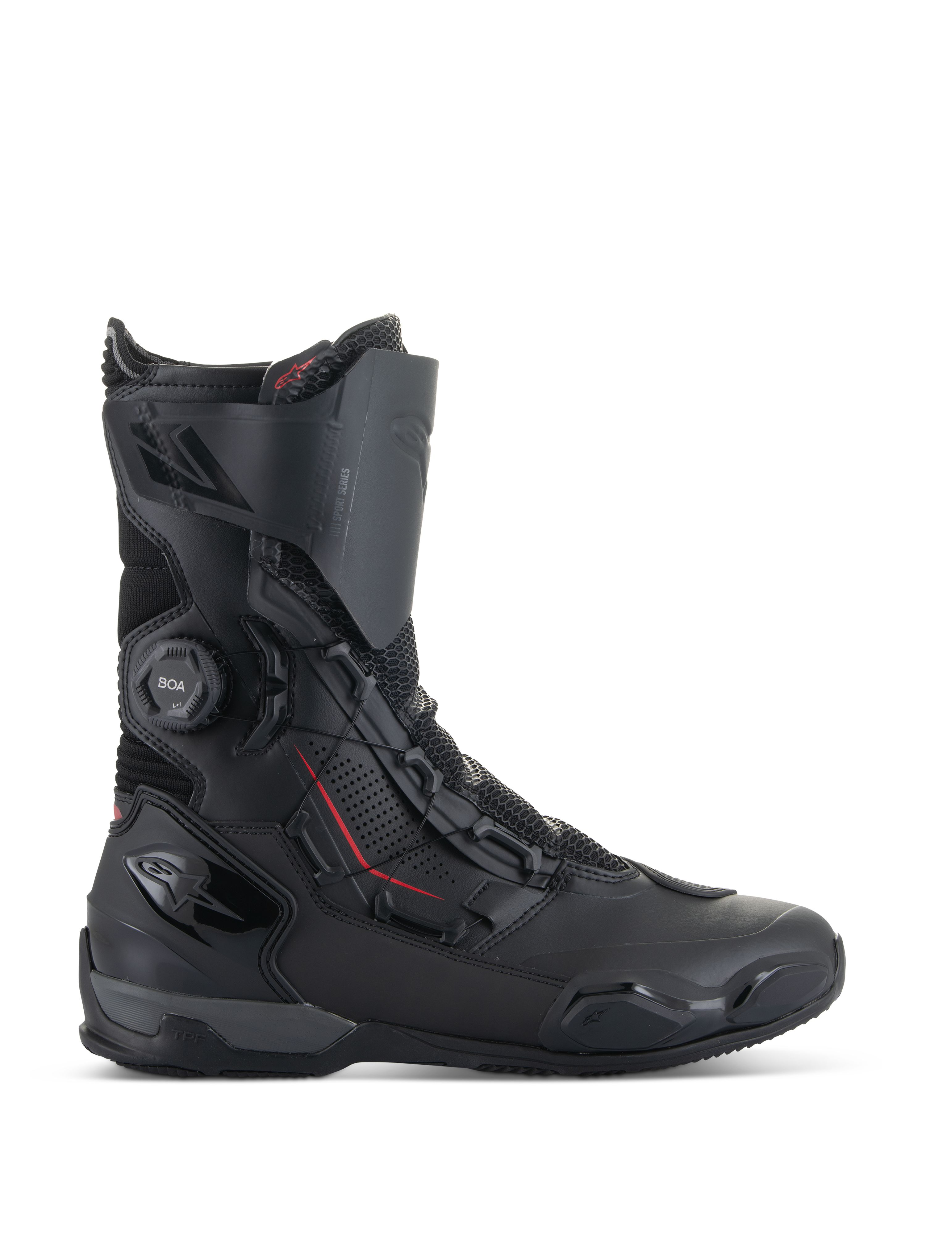 Stivali Alpinestars SP-X BOA®, stivali da moto sportivi, neri con accenti rossi, sistema di chiusura BOA®, costruzione a media altezza con pannelli in microfibra e mesh, protezione in TPU su tallone e punta, design elegante per guida su strada