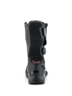 Stivali Alpinestars SP-X BOA, stivali sportivi da moto a media altezza, nero, vista posteriore che evidenzia il pannello flessibile a soffietto a coste, il contrafforte del tallone in TPU rinforzato e il rotore laterale del BOA Fit System