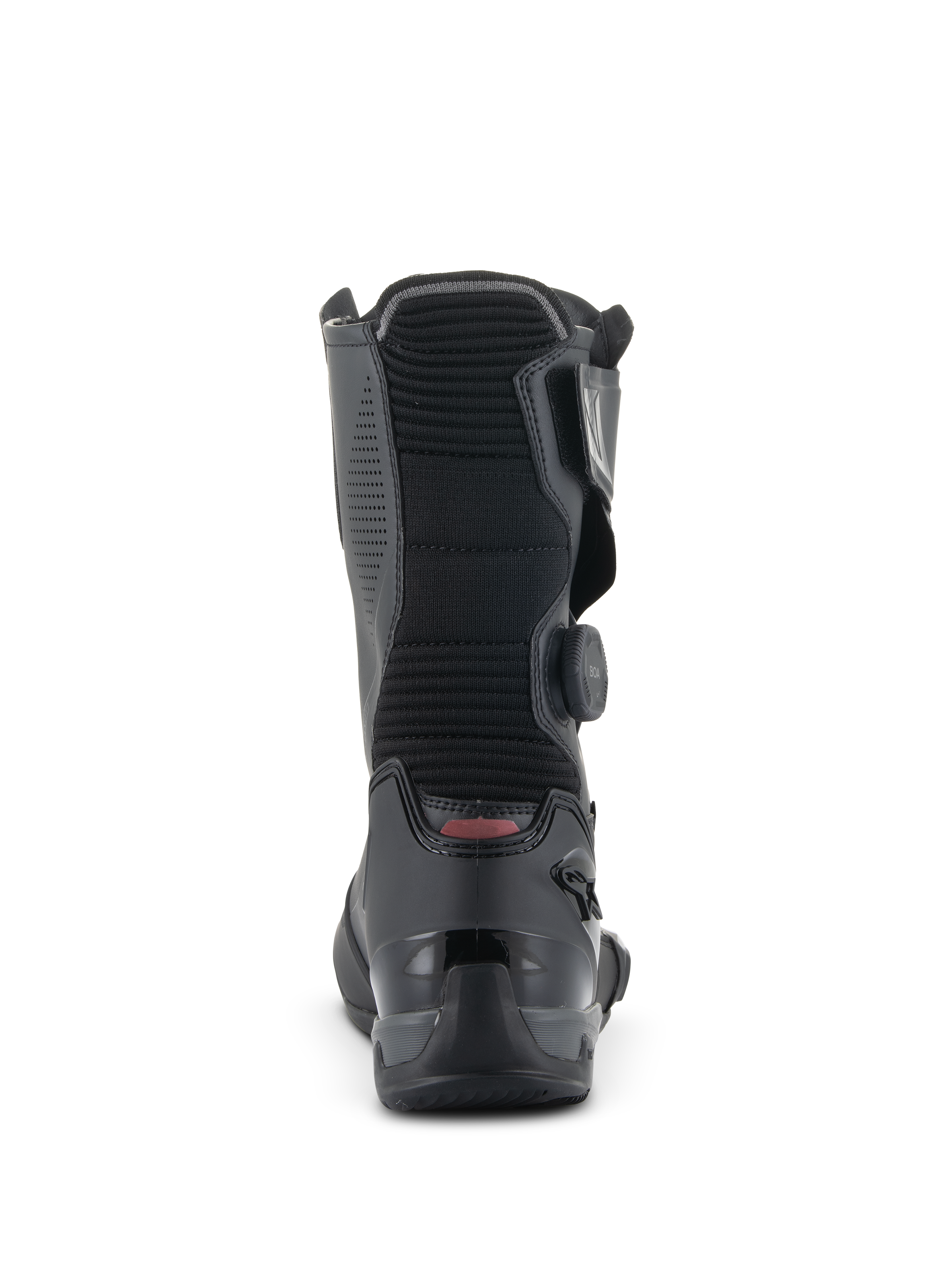 Stivali Alpinestars SP-X BOA, stivali sportivi da moto a media altezza, nero, vista posteriore che evidenzia il pannello flessibile a soffietto a coste, il contrafforte del tallone in TPU rinforzato e il rotore laterale del BOA Fit System
