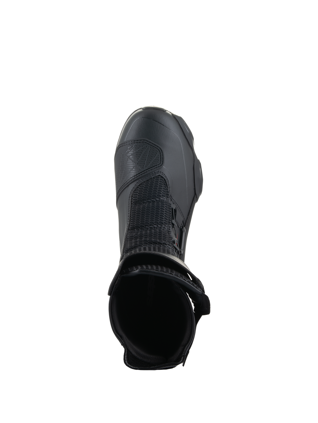 Stivali Alpinestars SP-X BOA®, Nero, vista dall'alto dell'apertura della caviglia, con mesh Rideknit® e sistema BOA® Fit System laterale, stivale da moto sportivo a media altezza