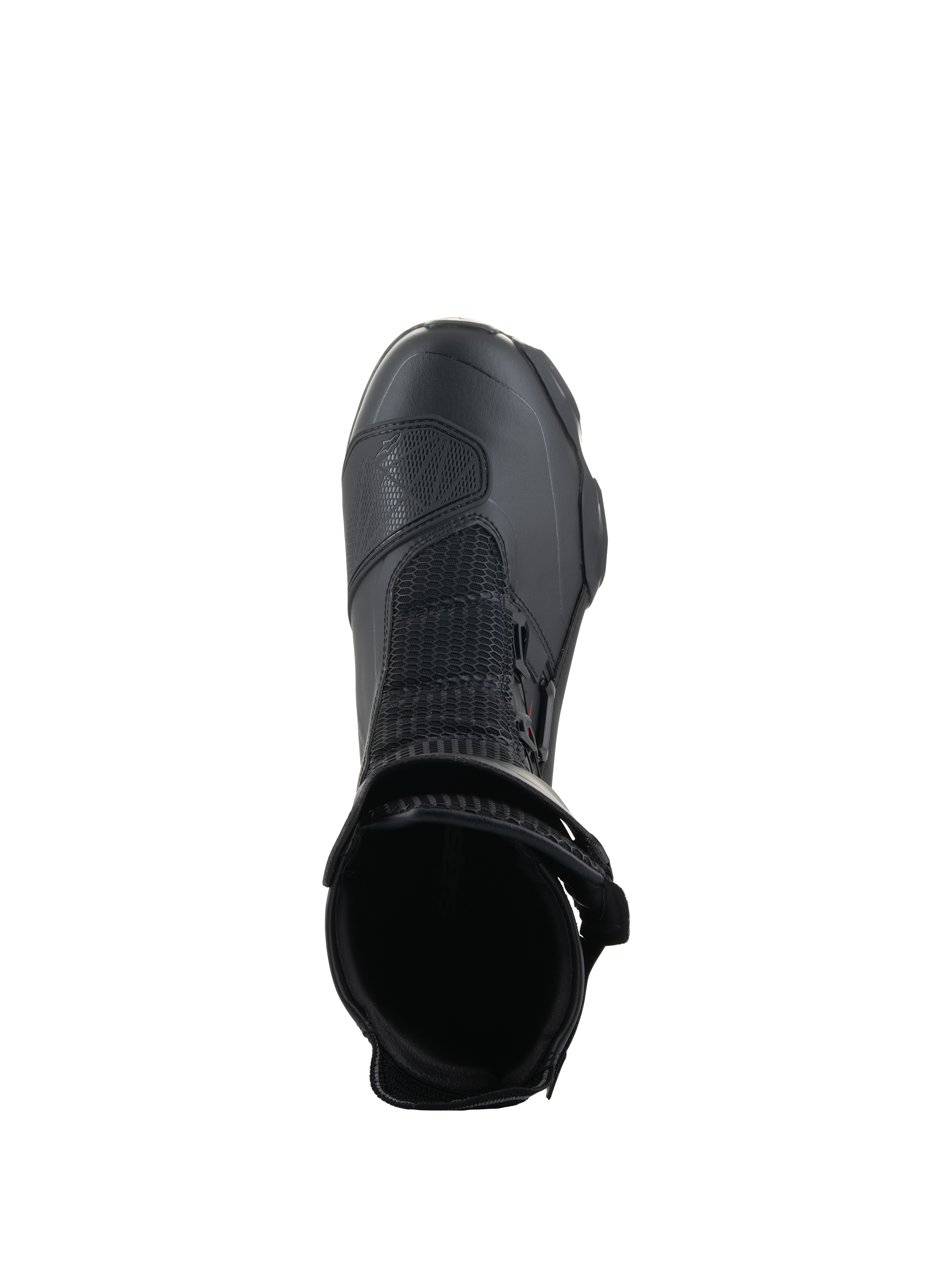 Stivali Alpinestars SP-X BOA®, Nero, vista dall'alto dell'apertura della caviglia, con mesh Rideknit® e sistema BOA® Fit System laterale, stivale da moto sportivo a media altezza