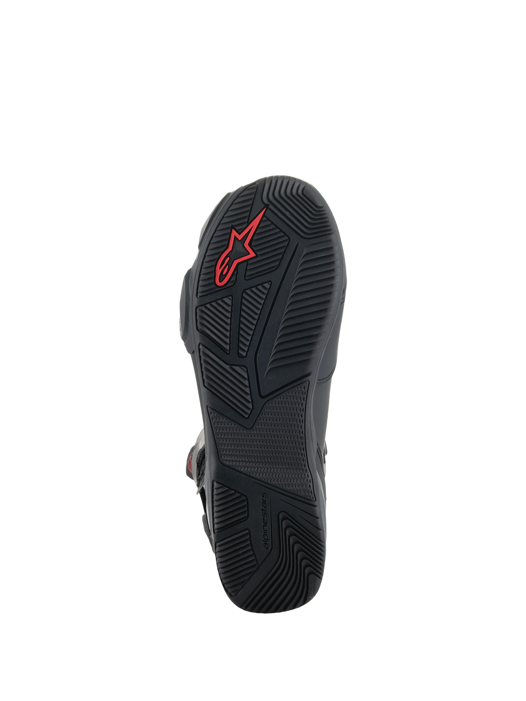 Stivali Alpinestars SP-X BOA®, stivali da moto neri, vista dettagliata della suola in gomma con motivi di grip testurizzati, logo Alpinestars rosso e design asimmetrico del tallone per la stabilità della camminata