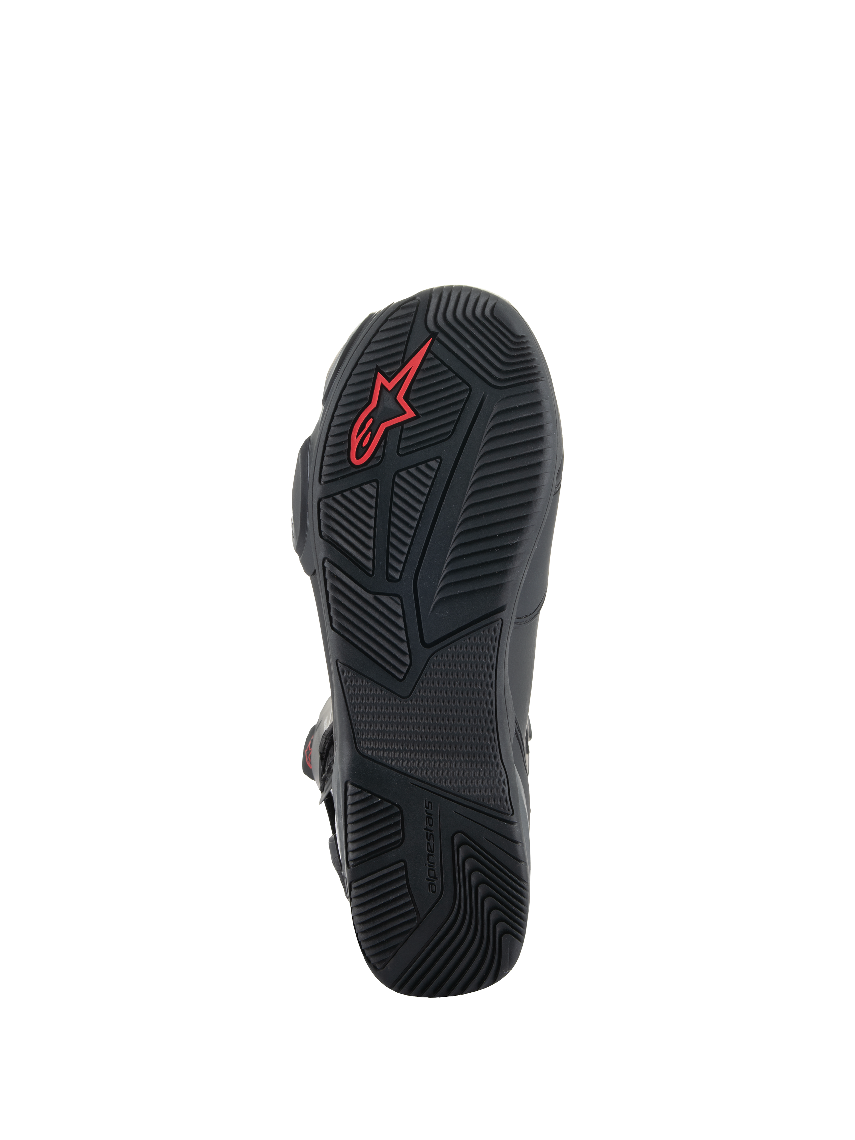 Stivali Alpinestars SP-X BOA®, stivali da moto neri, vista dettagliata della suola in gomma con motivi di grip testurizzati, logo Alpinestars rosso e design asimmetrico del tallone per la stabilità della camminata