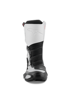 Stivali Alpinestars SP-X BOA, vista frontale, nero e argento, stivali sportivi da moto a media altezza con tomaia in microfibra bianca e logo in rilievo, inserto centrale in mesh nero e componenti protettivi in TPU
