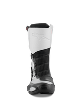 Stivali Alpinestars SP-X BOA, vista frontale, nero e argento, stivali sportivi da moto a media altezza con tomaia in microfibra bianca e logo in rilievo, inserto centrale in mesh nero e componenti protettivi in TPU