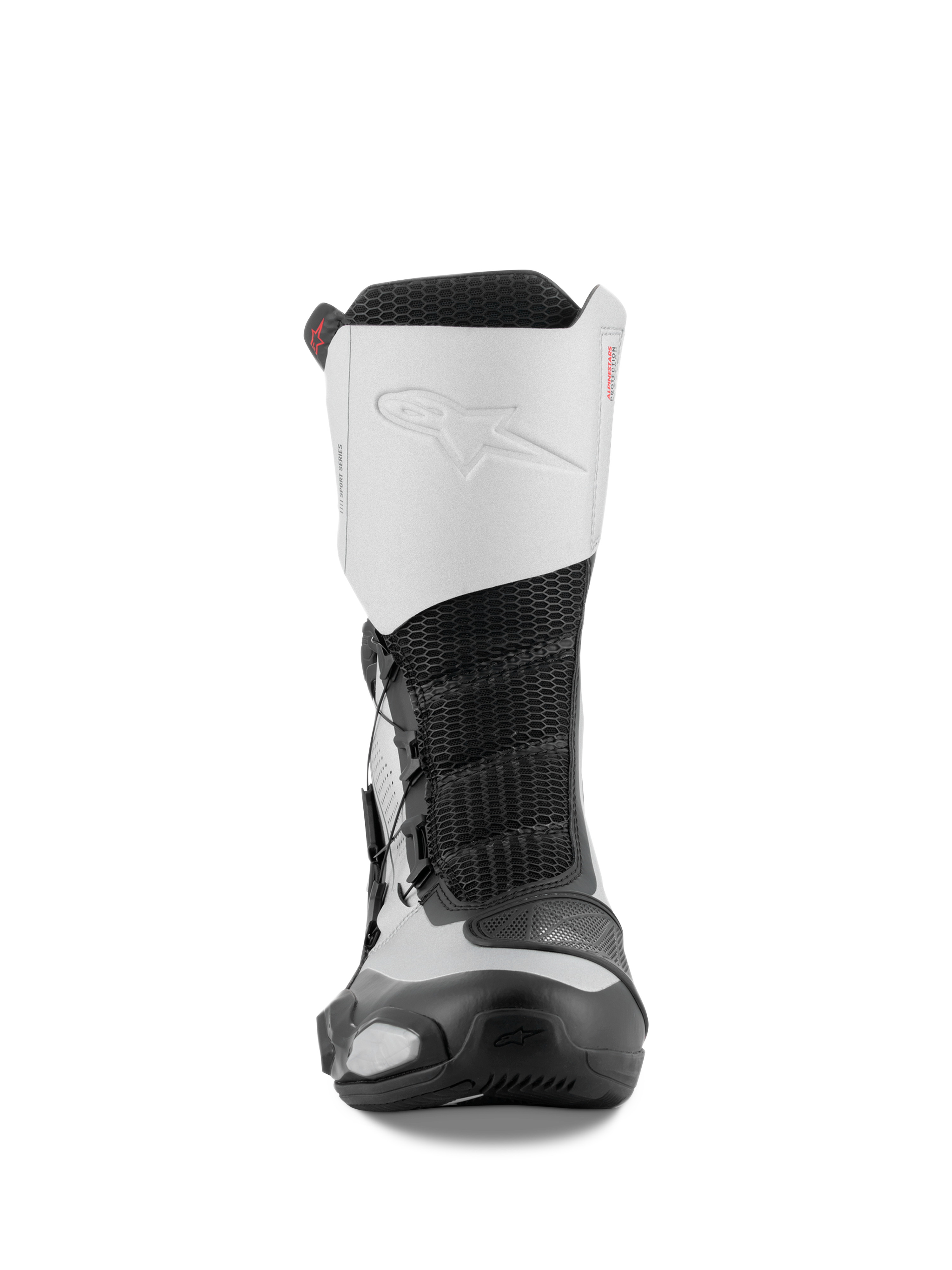 Stivali Alpinestars SP-X BOA, vista frontale, nero e argento, stivali sportivi da moto a media altezza con tomaia in microfibra bianca e logo in rilievo, inserto centrale in mesh nero e componenti protettivi in TPU