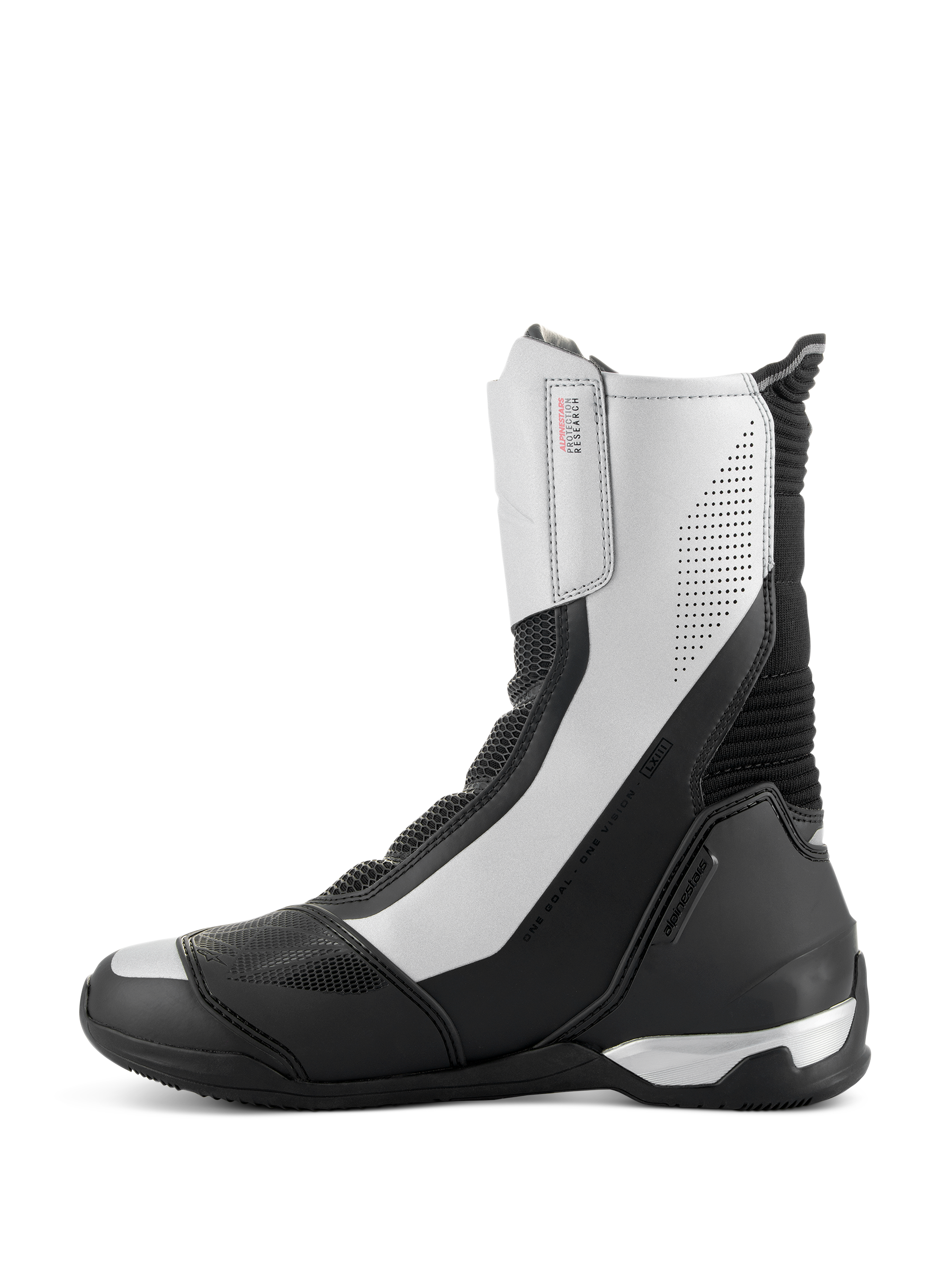 Stivali Alpinestars SP-X BOA, stivali da moto sportivi di media altezza, nero e argento, profilo laterale elegante con pannelli argento e dettagli traforati, contrafforte del tallone in TPU nero e marchio Alpinestars