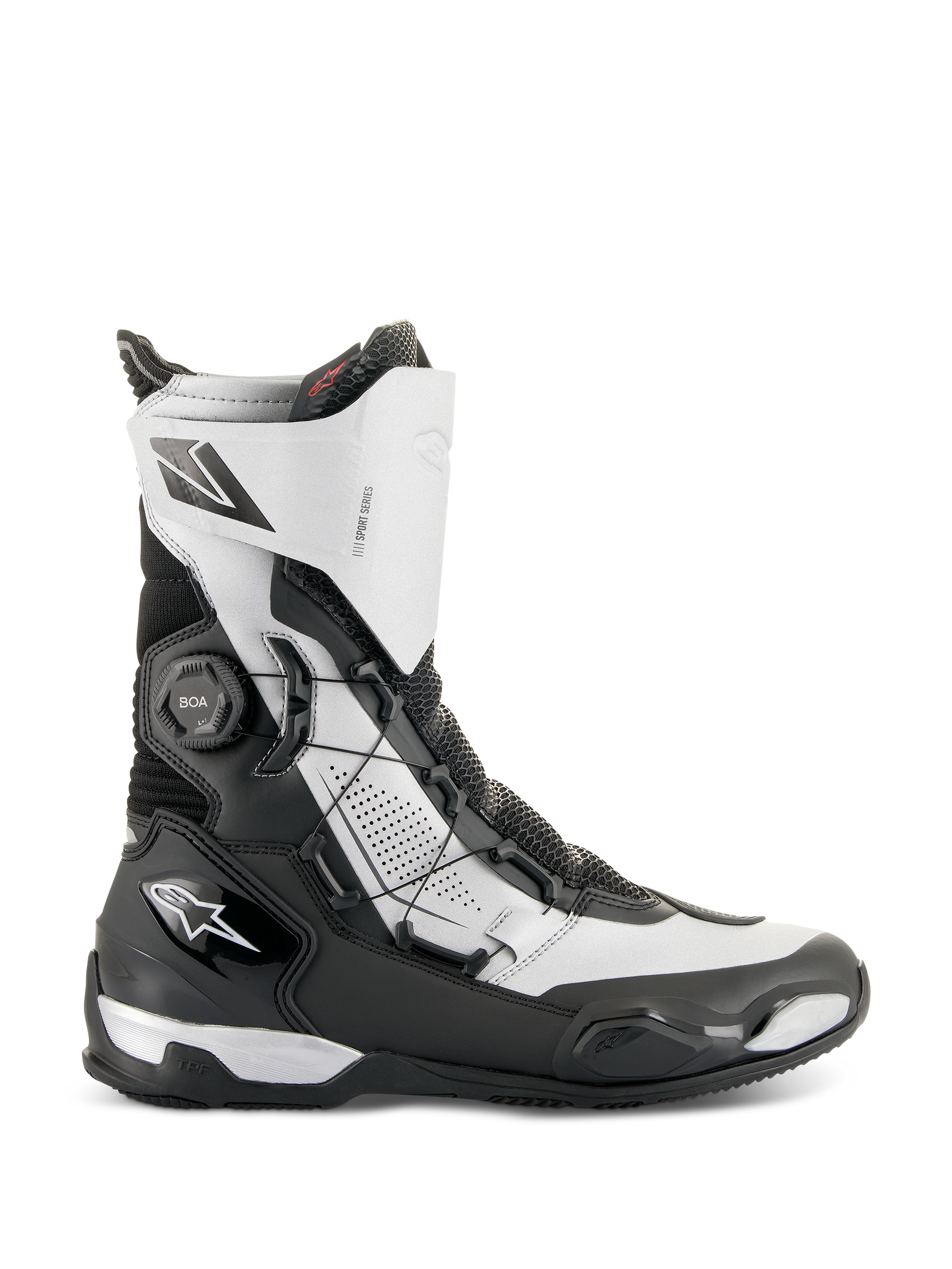 Stivali Alpinestars SP-X BOA®, stivali sportivi da moto a media altezza, nero e argento, con sistema di chiusura BOA Fit System laterale, protezioni in TPU e materiale Rideknit traspirante, design elegante per guida sport touring