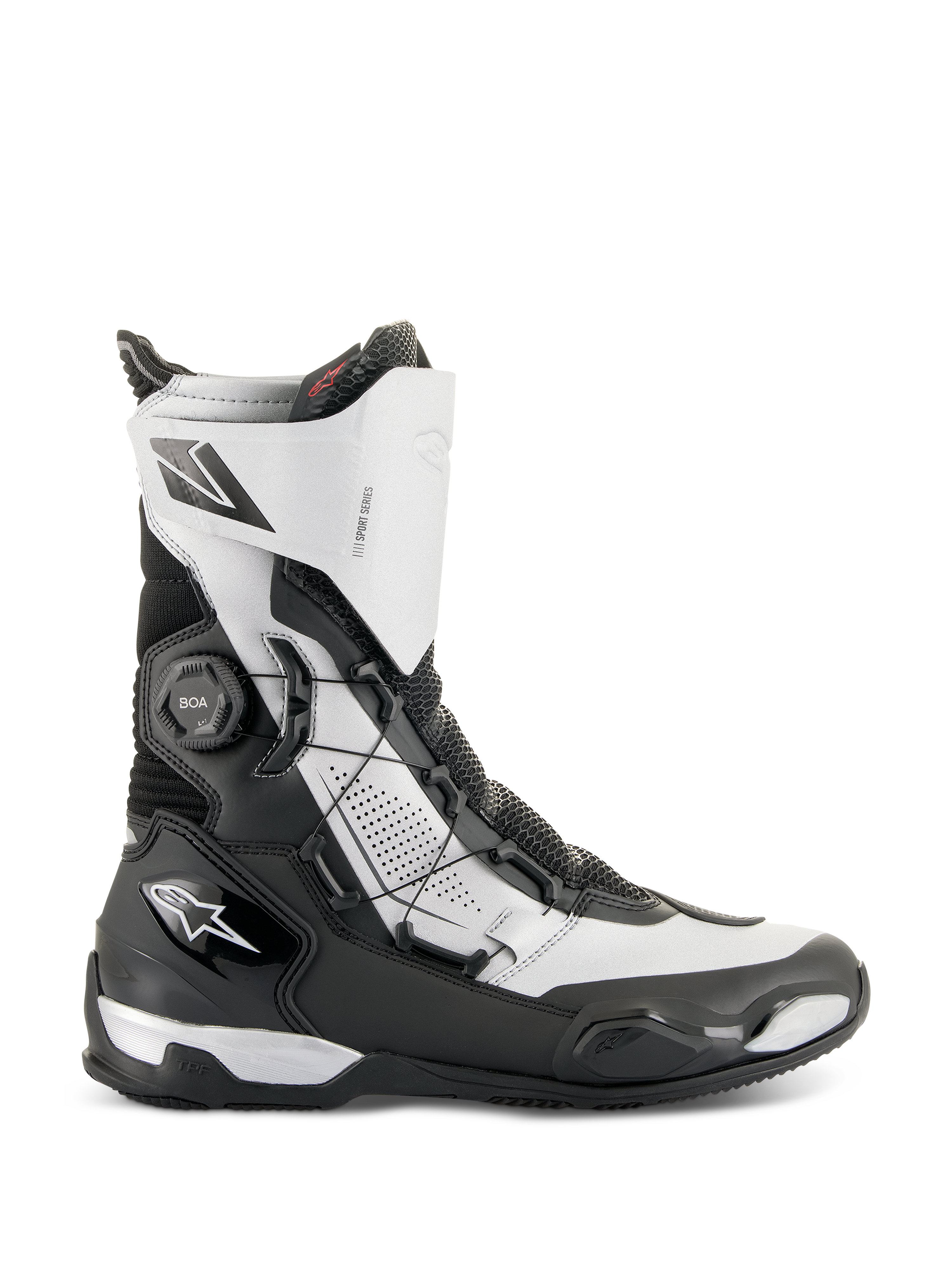 Stivali Alpinestars SP-X BOA®, stivali sportivi da moto a media altezza, nero e argento, con sistema di chiusura BOA Fit System laterale, protezioni in TPU e materiale Rideknit traspirante, design elegante per guida sport touring