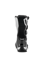 Stivali Alpinestars SP-X BOA®, nero e argento, vista posteriore dello stivale da moto sport touring a media altezza, con contrafforte del tallone in TPU nero, pannelli laterali argento e rotore laterale BOA Fit System, design elegante e protettivo