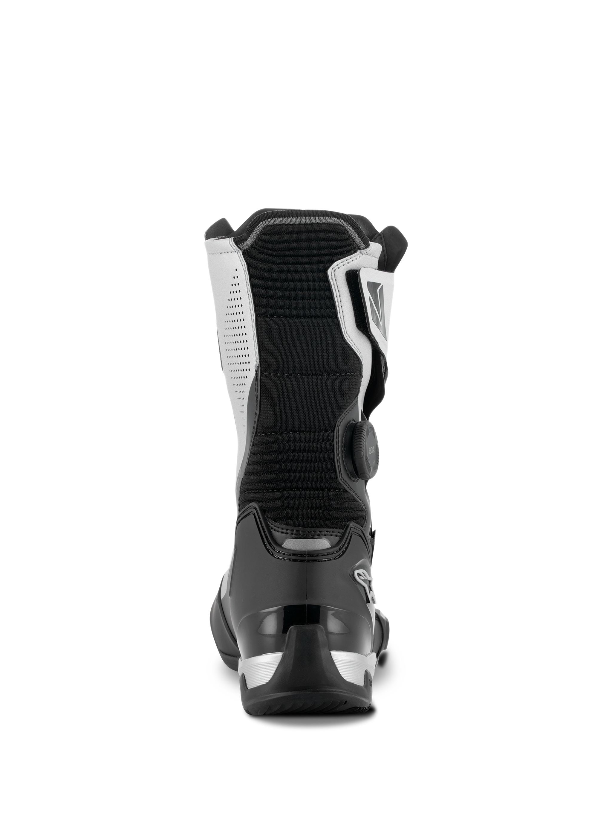 Stivali Alpinestars SP-X BOA®, nero e argento, vista posteriore dello stivale da moto sport touring a media altezza, con contrafforte del tallone in TPU nero, pannelli laterali argento e rotore laterale BOA Fit System, design elegante e protettivo