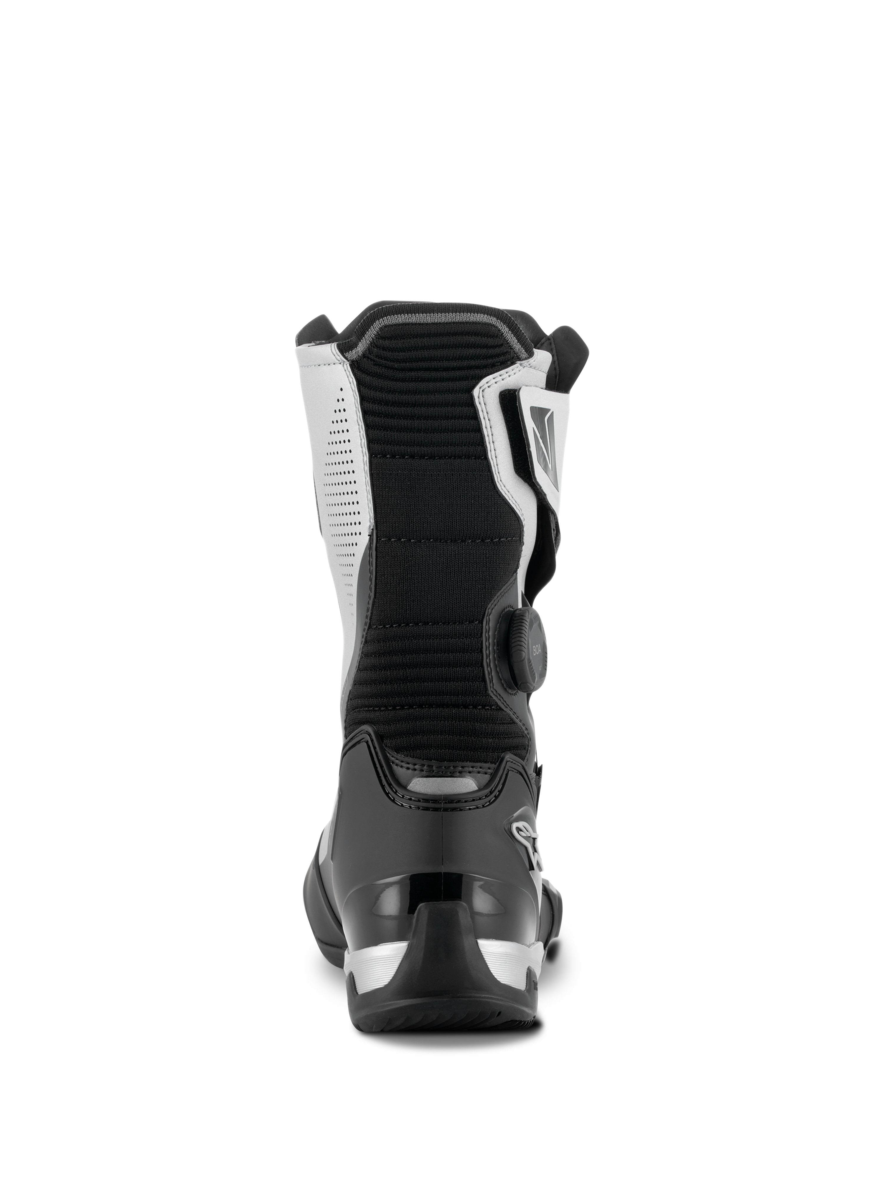Stivali Alpinestars SP-X BOA®, nero e argento, vista posteriore dello stivale da moto sport touring a media altezza, con contrafforte del tallone in TPU nero, pannelli laterali argento e rotore laterale BOA Fit System, design elegante e protettivo