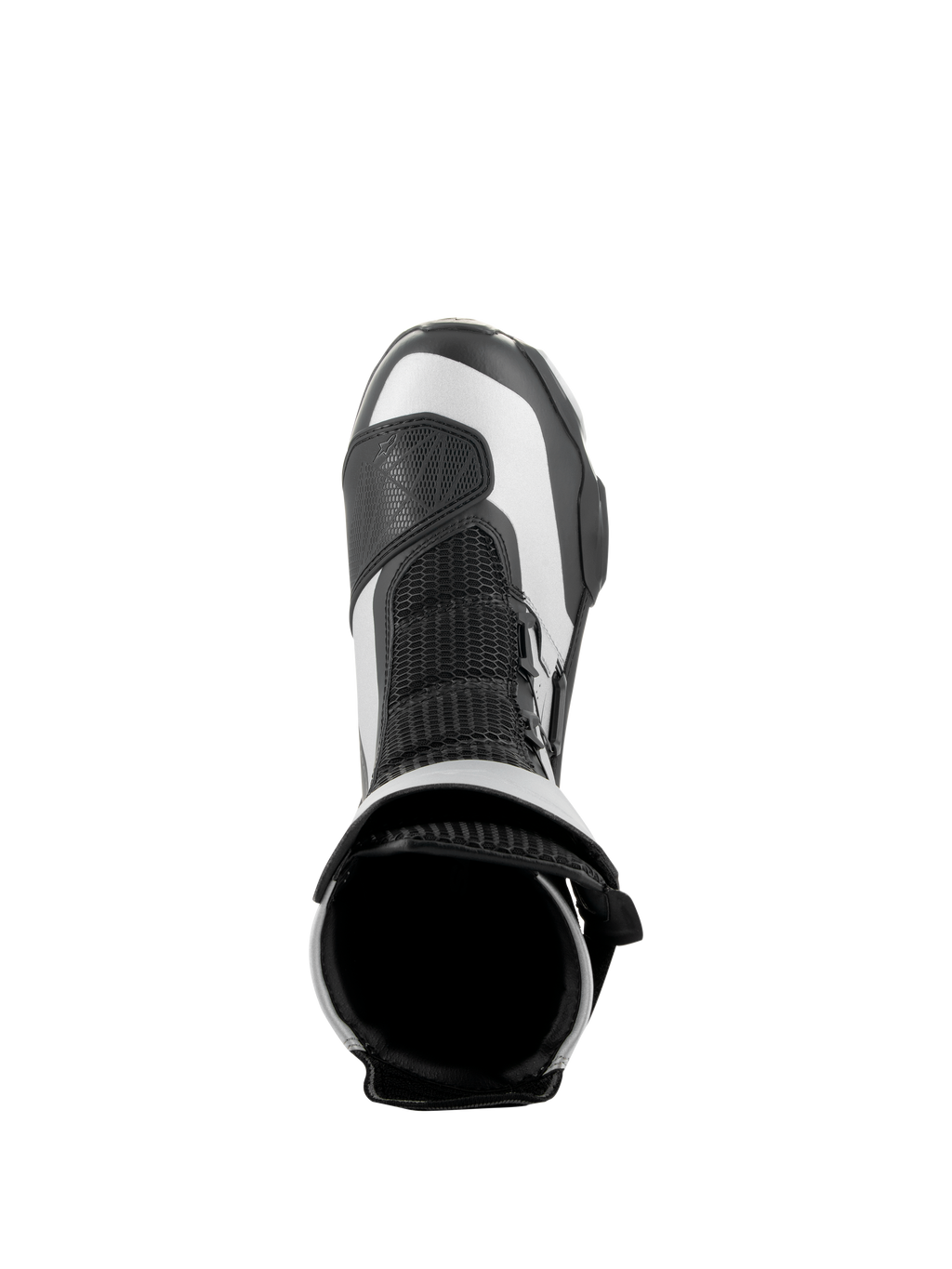 Stivali Alpinestars SP-X BOA, nero e argento, vista dall'alto dell'apertura superiore e della linguetta in mesh, stivali da moto sportivi eleganti di media altezza con costruzione in microfibra avanzata e Rideknit