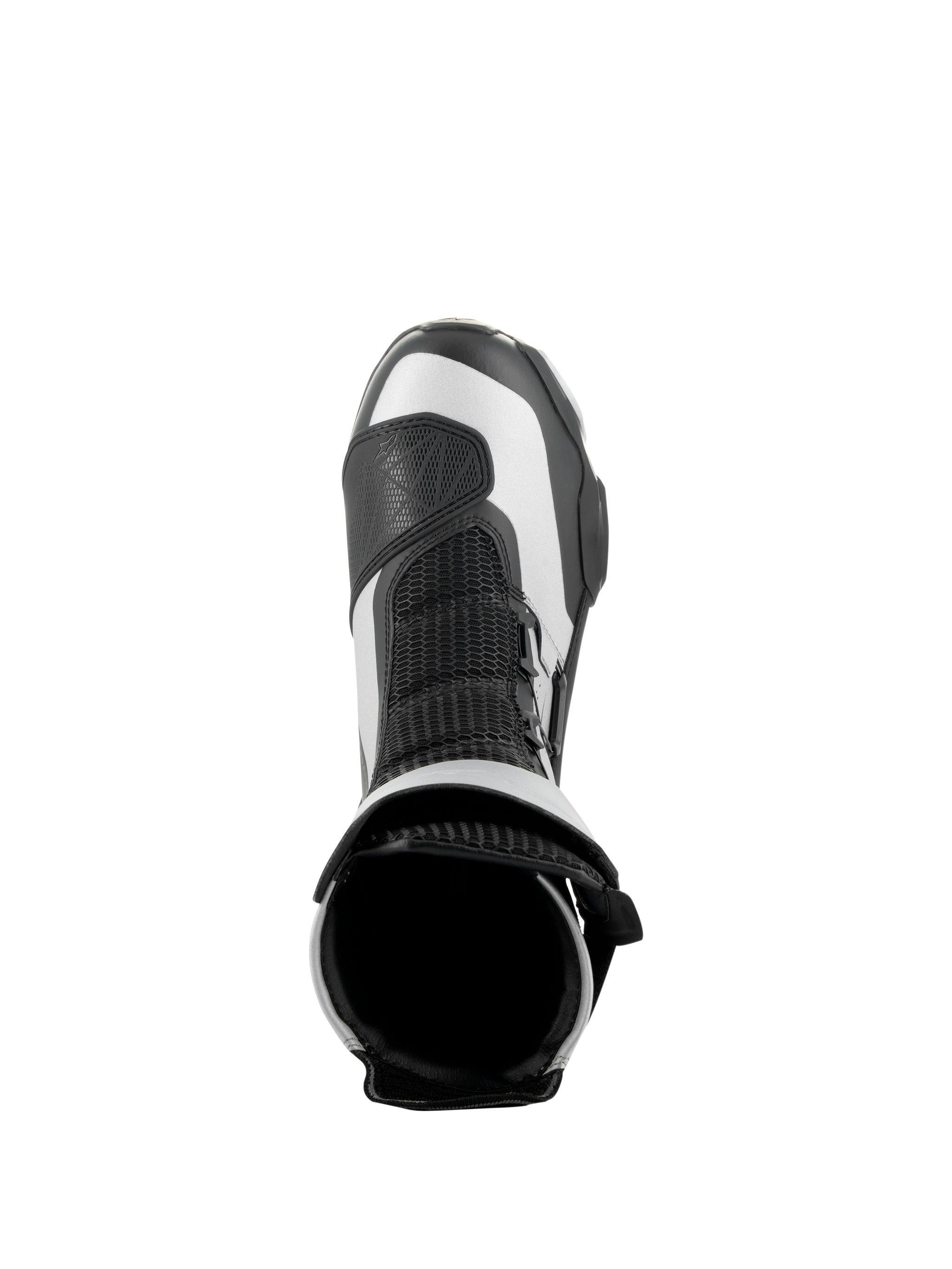Stivali Alpinestars SP-X BOA, nero e argento, vista dall'alto dell'apertura superiore e della linguetta in mesh, stivali da moto sportivi eleganti di media altezza con costruzione in microfibra avanzata e Rideknit