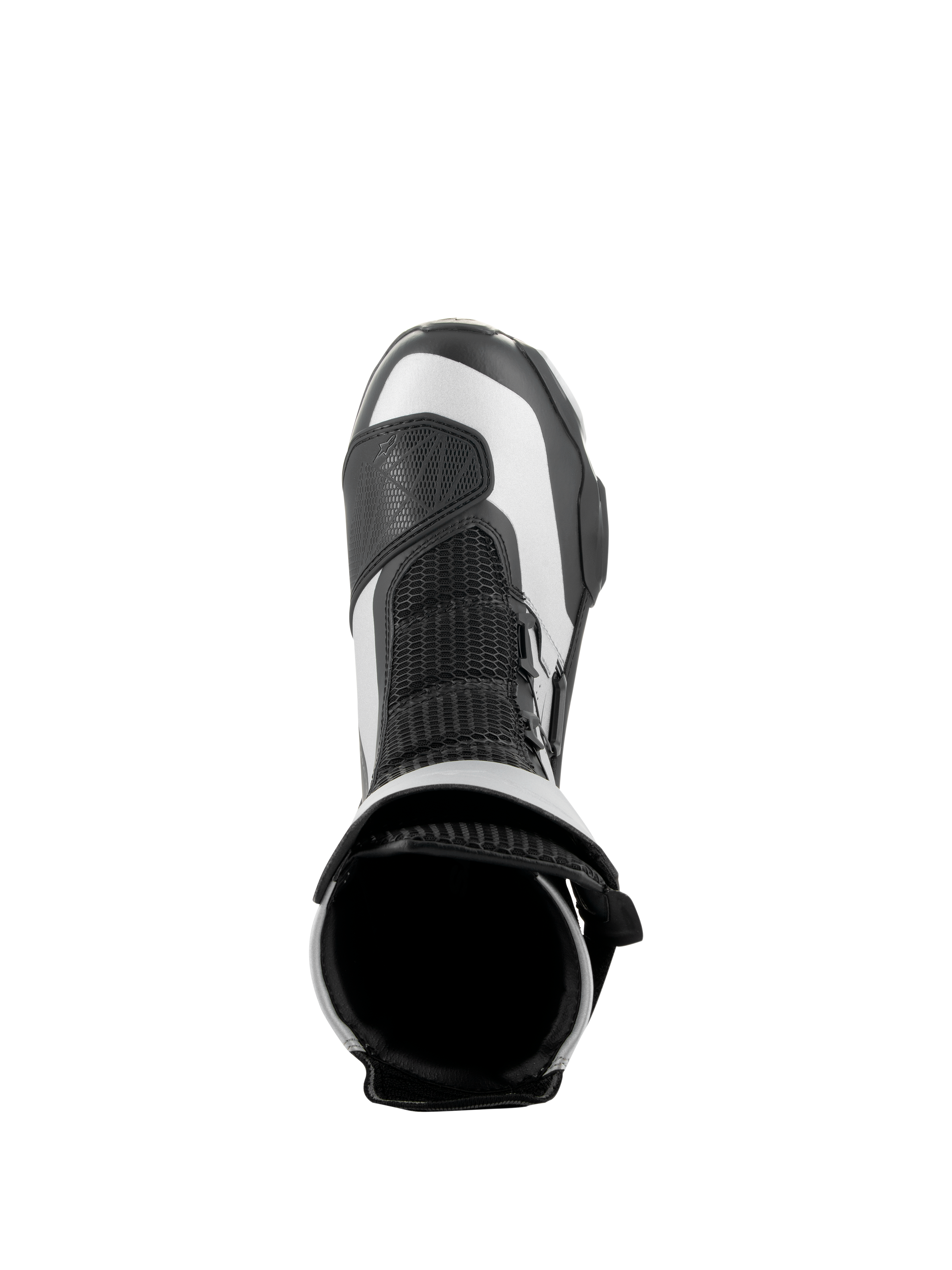 Stivali Alpinestars SP-X BOA, nero e argento, vista dall'alto dell'apertura superiore e della linguetta in mesh, stivali da moto sportivi eleganti di media altezza con costruzione in microfibra avanzata e Rideknit