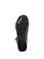 Stivali Alpinestars SP-X BOA®, vista della suola, nero, con suola in gomma testurizzata e logo a stella bianco, design asimmetrico del tallone per la stabilità e battistrada con trama specifica per il grip sulle pedane