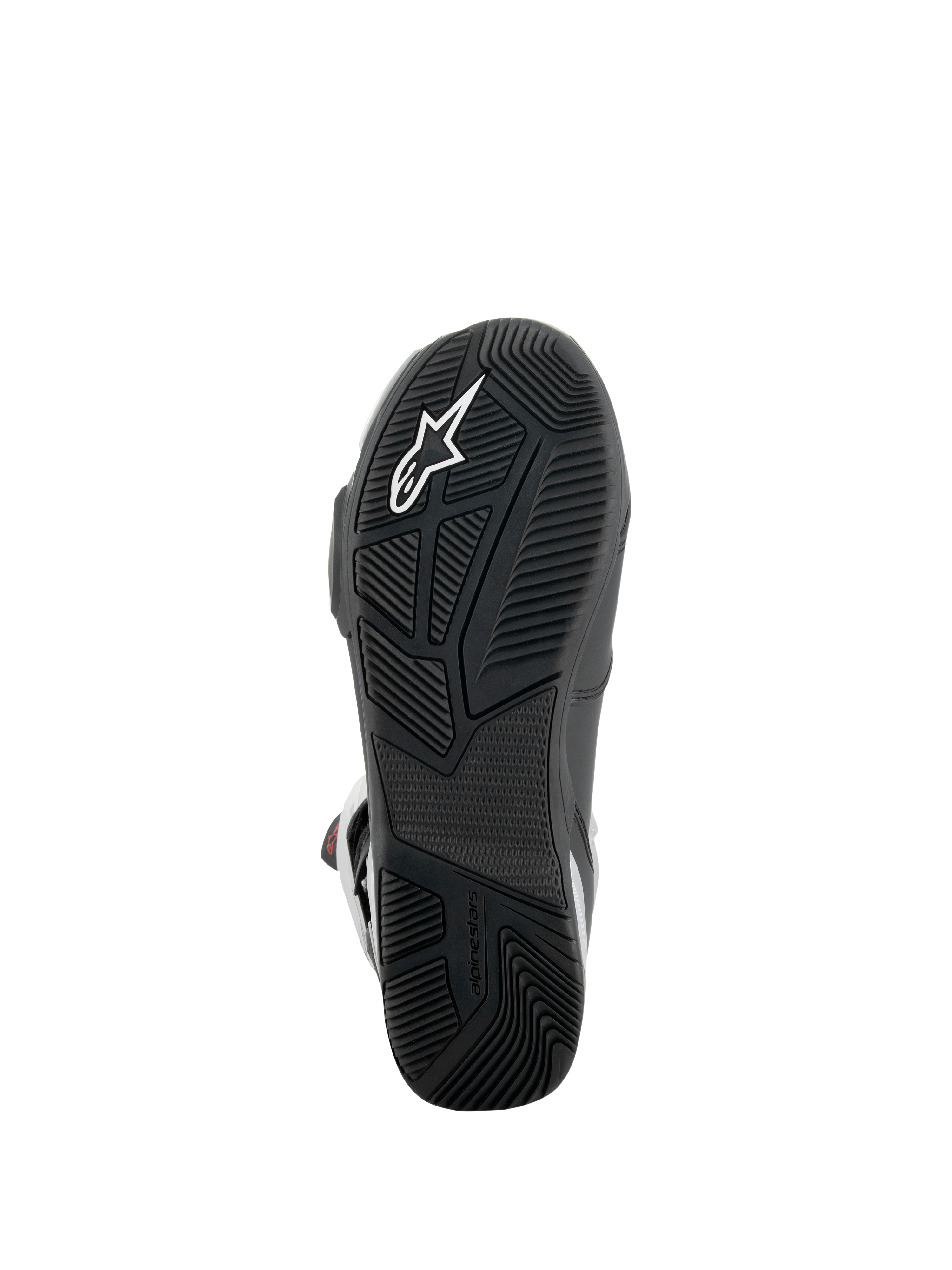 Stivali Alpinestars SP-X BOA®, vista della suola, nero, con suola in gomma testurizzata e logo a stella bianco, design asimmetrico del tallone per la stabilità e battistrada con trama specifica per il grip sulle pedane
