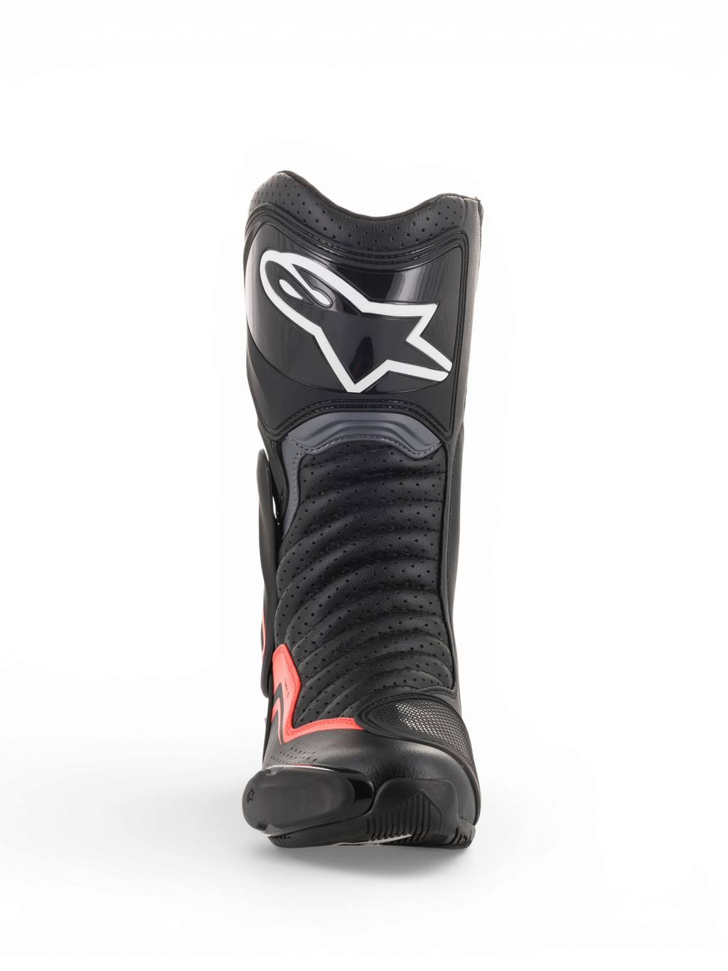 Alpinestars Stivali Vented SMX-6 V2, stivali da moto racing neri e grigi con dettagli rosso fluorescente, vista frontale con tomaia traforata, protezione tibiale e Toe Slider