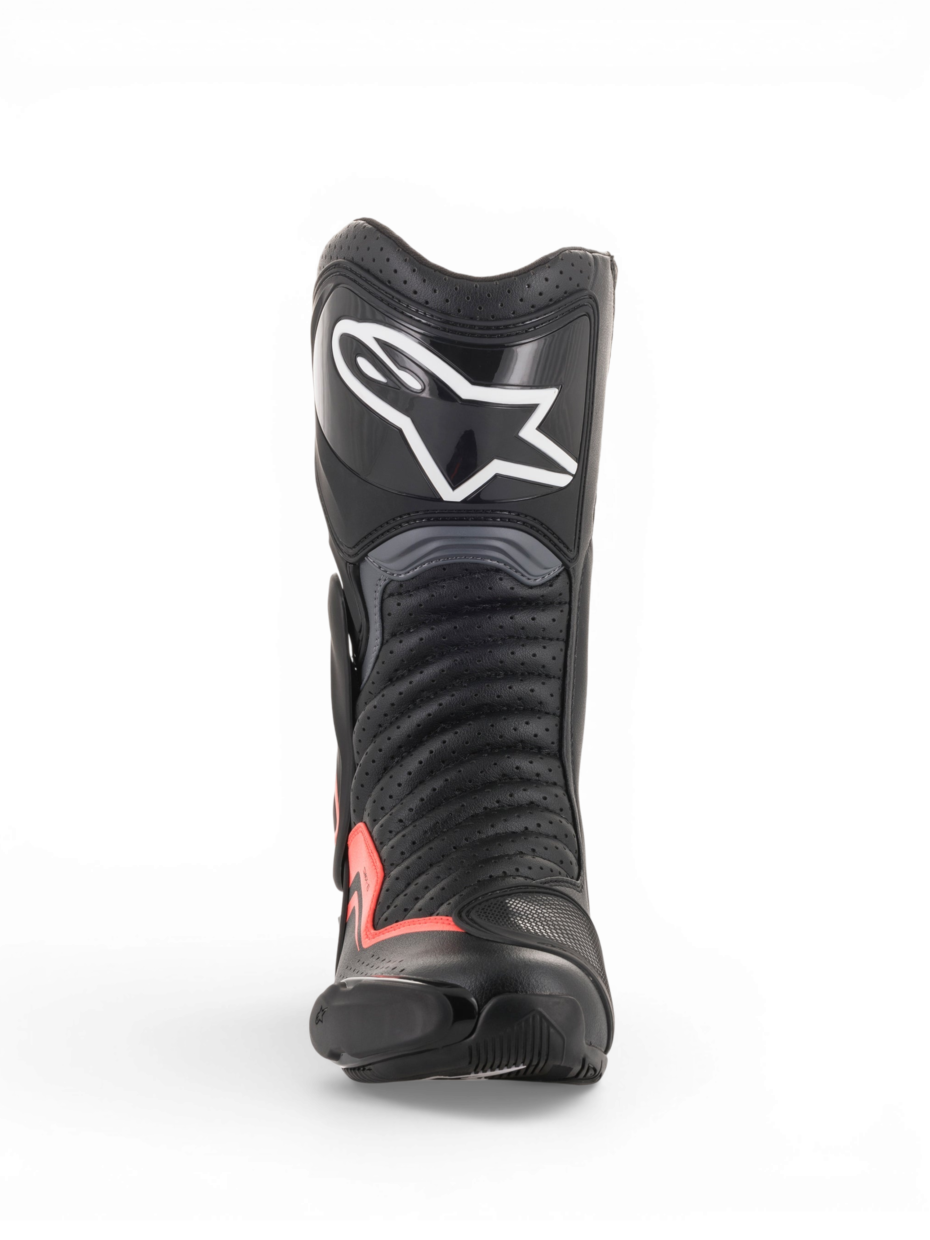 Alpinestars Stivali Vented SMX-6 V2, stivali da moto racing neri e grigi con dettagli rosso fluorescente, vista frontale con tomaia traforata, protezione tibiale e Toe Slider