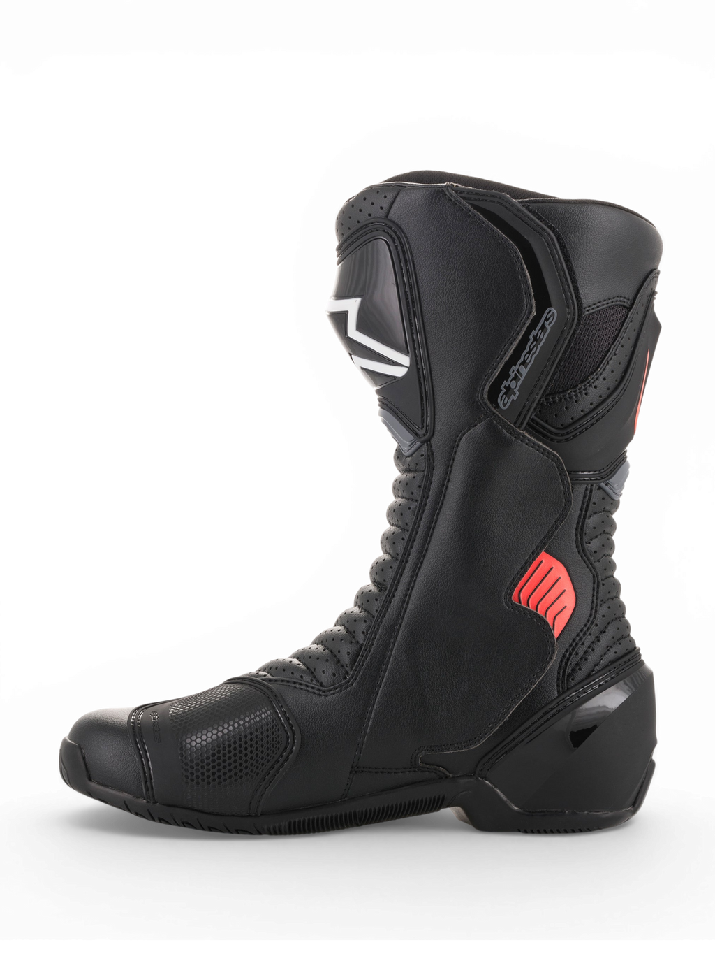 Alpinestars Stivali Vented SMX-6 V2, stivali da moto racing ventilati neri con dettagli grigi e rosso fluorescente, protezioni per caviglia e tibia
