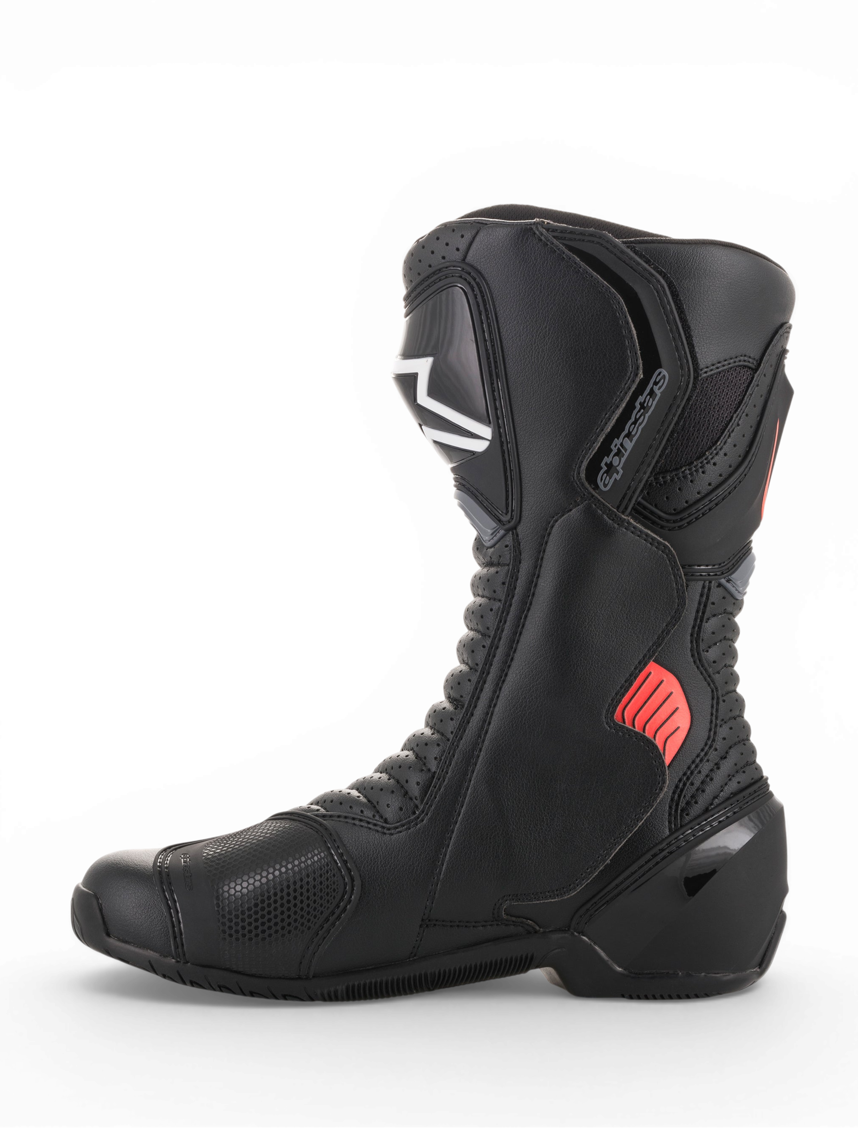 Alpinestars Stivali Vented SMX-6 V2, stivali da moto racing ventilati neri con dettagli grigi e rosso fluorescente, protezioni per caviglia e tibia