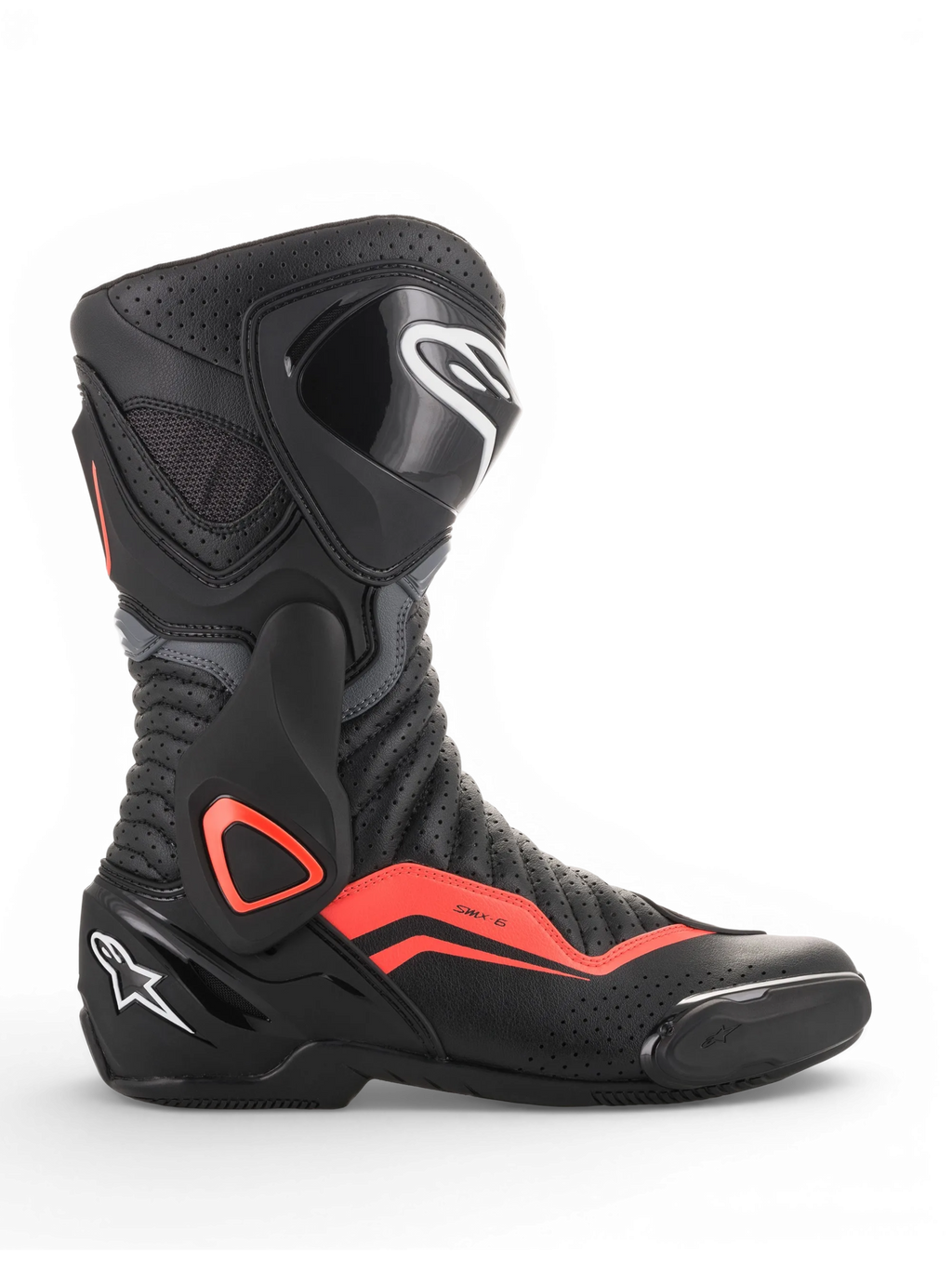 Alpinestars SMX-6 V2 Vented, stivale da moto racing nero e grigio con inserti rossi fluorescenti, ventilazione perforata e protezioni per caviglia e tibia