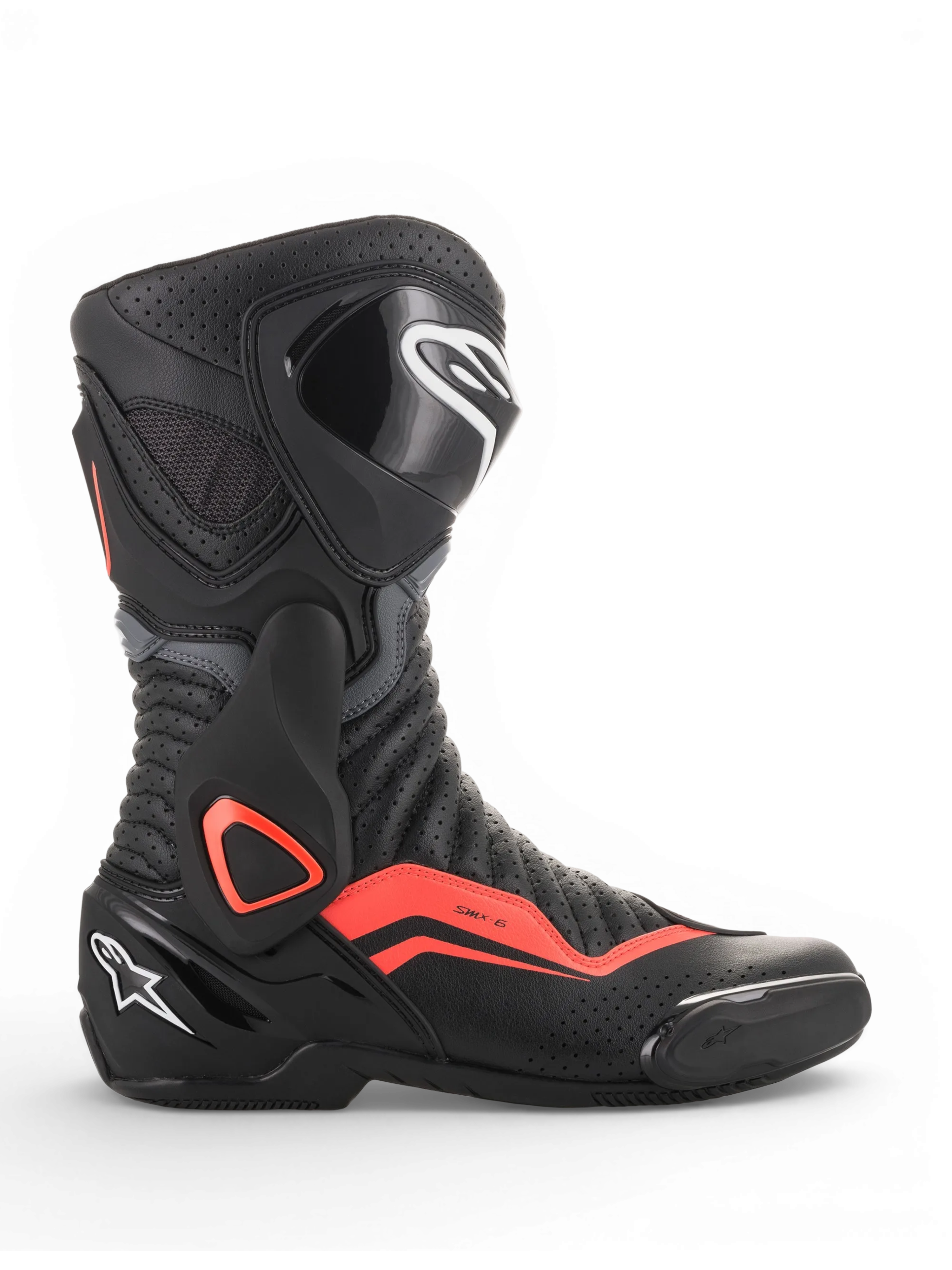 Alpinestars SMX-6 V2 Vented, stivale da moto racing nero e grigio con inserti rossi fluorescenti, ventilazione perforata e protezioni per caviglia e tibia