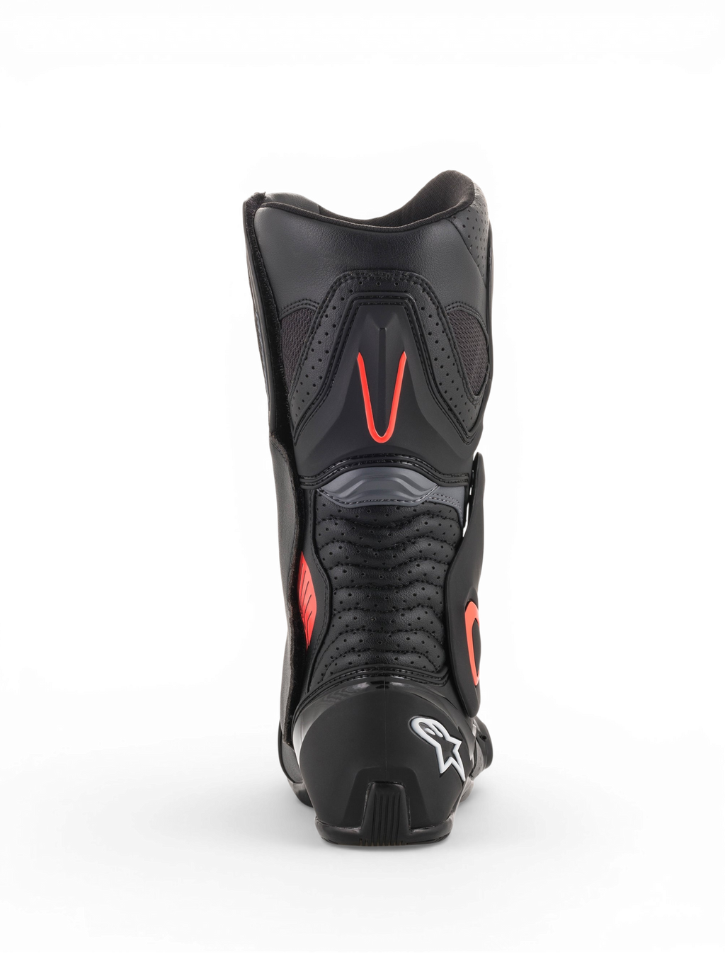 Alpinestars Stivali Vented SMX-6 V2, stivali da moto racing da uomo neri e grigi con dettagli rosso fluorescente, vista posteriore con pannelli di ventilazione perforati e protezione del tallone
