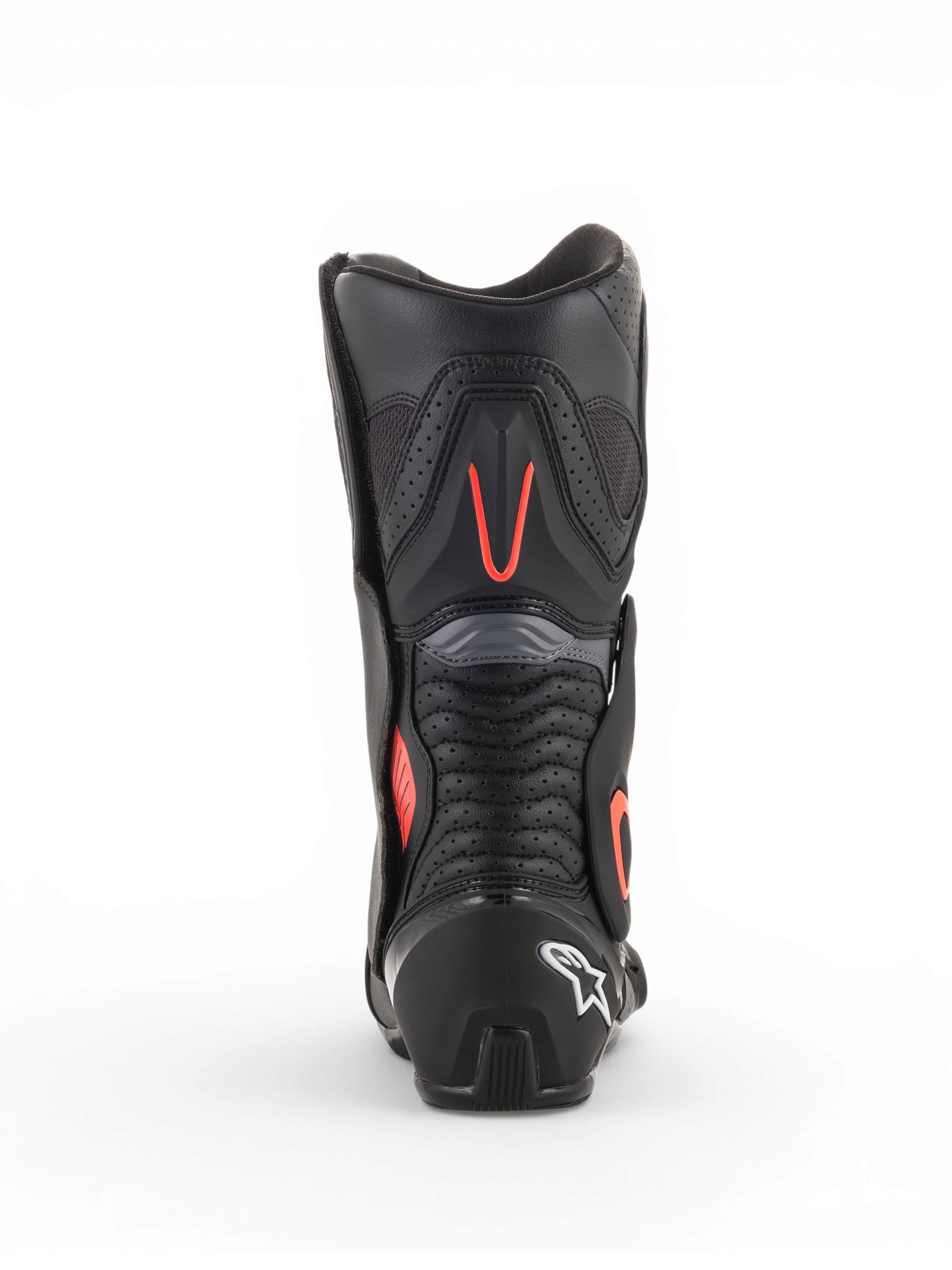 Alpinestars Stivali Vented SMX-6 V2, stivali da moto racing da uomo neri e grigi con dettagli rosso fluorescente, vista posteriore con pannelli di ventilazione perforati e protezione del tallone