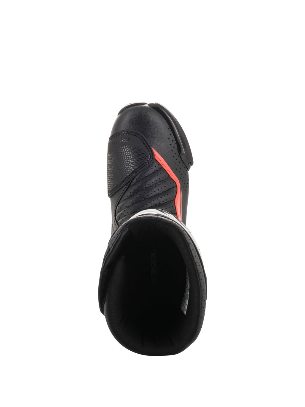 Alpinestars Stivali Vented SMX-6 V2, stivali da moto racing neri con dettagli rosso fluorescente, vista dall’alto con tomaia traforata, protezione della caviglia e apertura dello stivale