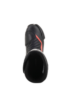Alpinestars Stivali Vented SMX-6 V2, stivali da moto racing neri con dettagli rosso fluorescente, vista dall’alto con tomaia traforata, protezione della caviglia e apertura dello stivale