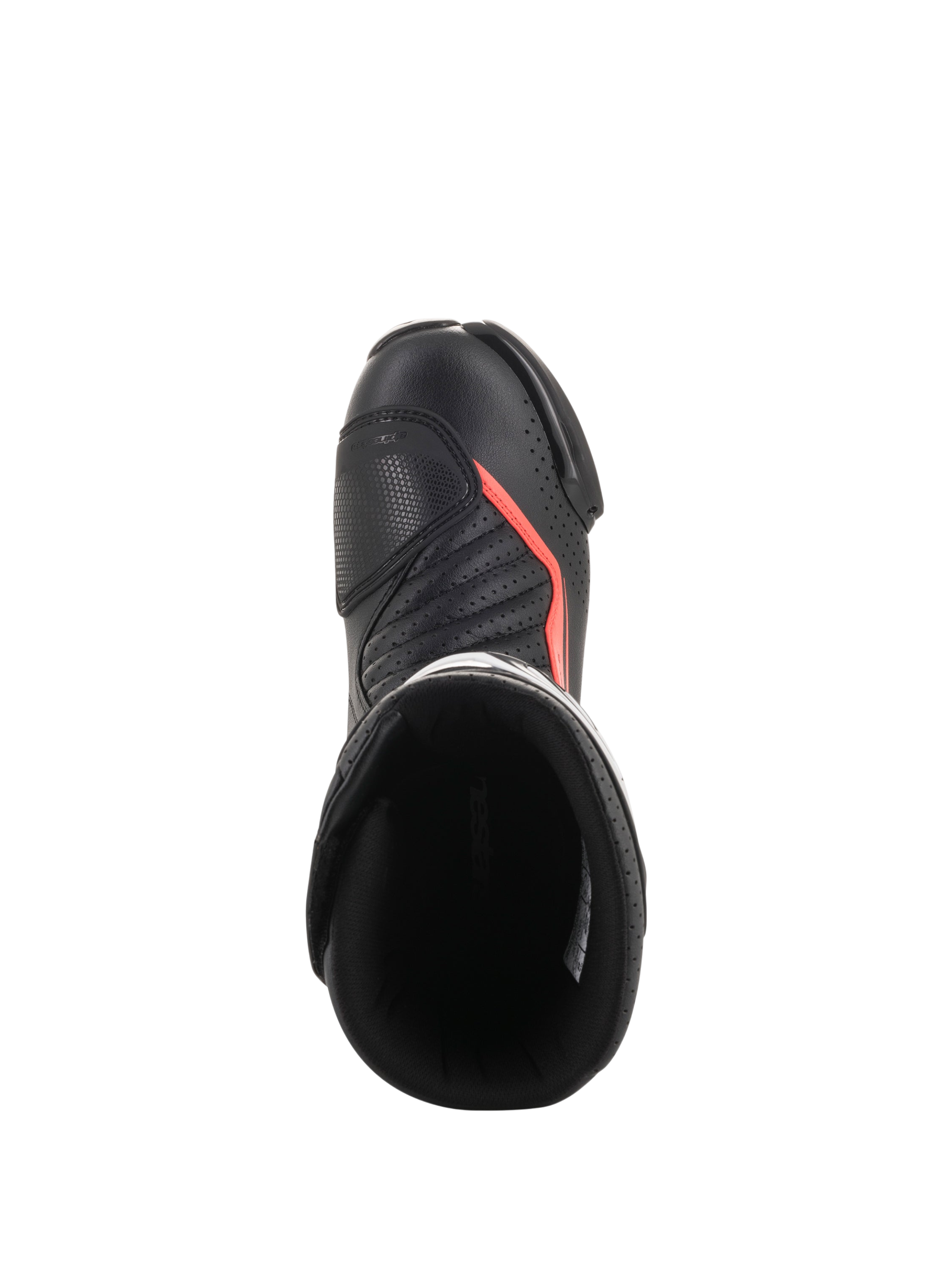 Alpinestars Stivali Vented SMX-6 V2, stivali da moto racing neri con dettagli rosso fluorescente, vista dall’alto con tomaia traforata, protezione della caviglia e apertura dello stivale