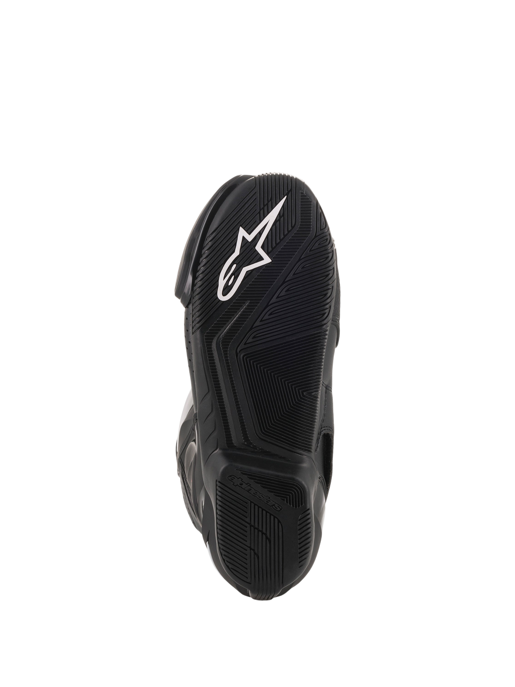 Alpinestars Stivali Vented SMX-6 V2, stivali da moto racing neri, primo piano della suola in gomma testurizzata con logo Alpinestars bianco